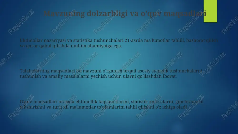 asini oshirishga yordam beradi. dasturiy ta'minotdan (masalan, spss yoki r) foydalanish orqali talabalar ma'lumotlar bilan amaliy ishlash ko'nikmalarini 80% ga oshirish tavsiya etiladi. e'tiboringiz uchun rahmat image6.png image2.png image3.png image4.png image5.png