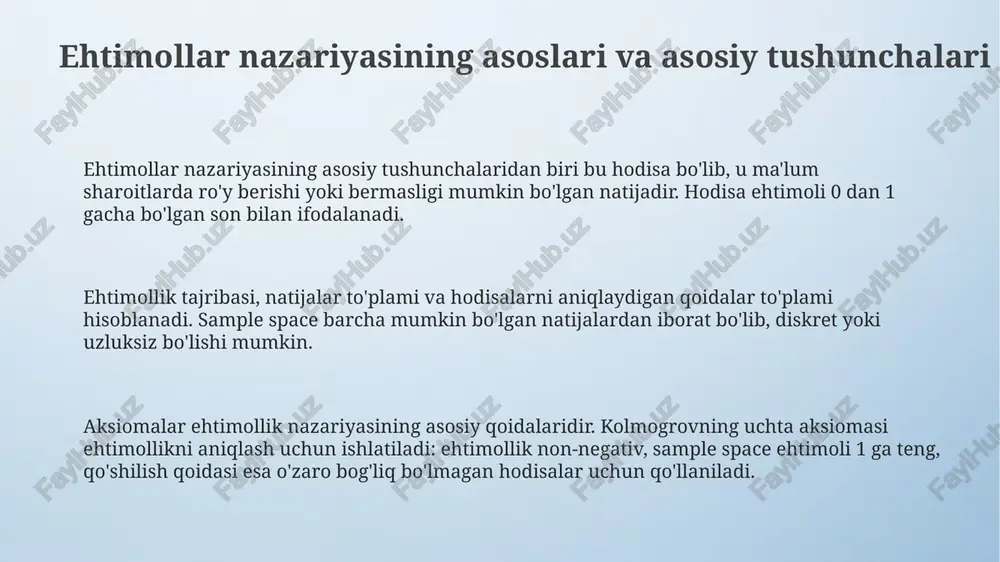 (acceptable quality level) kabi ko'rsatkichlarni aniqlashda qo'llaniladi. ma'lumotlarni tahlil qilish, sun'iy intellekt va amaliy misollar ma'lumotlarni tahlil qilishda bayes usullari 1000 ta ma'lumot nuqtasidan kelib chiqadigan ehtimollikni baholaydi, ai modellari esa noaniqlikni kamaytirish uchun ishlatiladi. sun'iy intellektda tasniflash algoritmlari, masalan, svm, xatarlarni baholash uchun 95% aniqlik bilan ishlaydi va ehtimollik asosida qarorlar qabul qiladi. amaliy misollarda ehtimollik nazariyasi narxlash strategiyalarini ishlab chiqishda, 0,05 ahamiyatlilik darajasida sinovdan o'tkaziladi va foyda optimallashtiriladi. e'tiboringiz uchun rahmat image4.png image5.png image1.jpeg