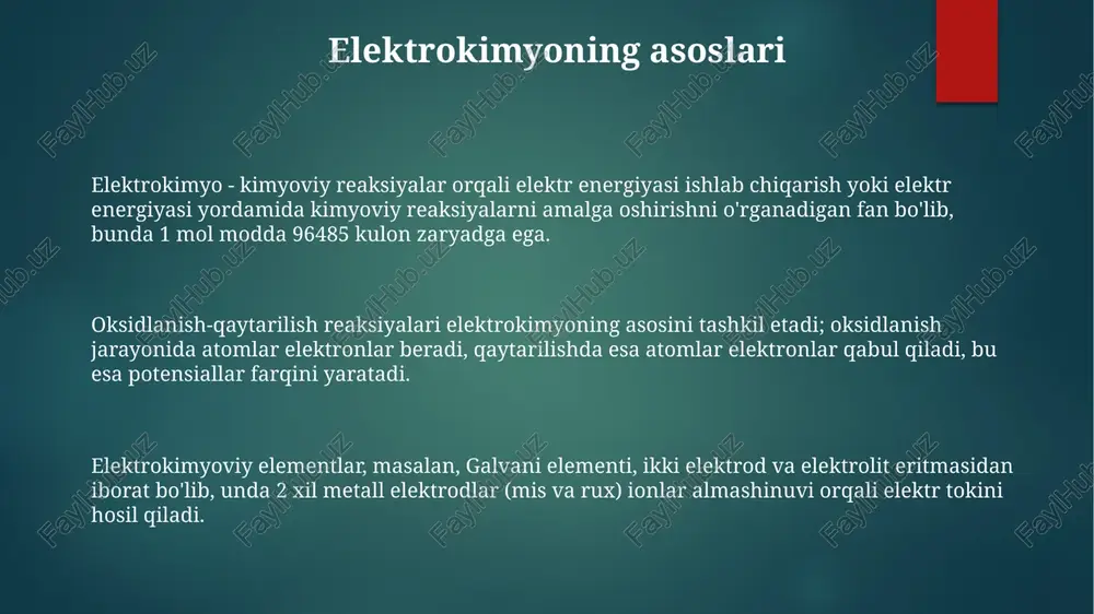 bu diagnostika aniqligini ta'minlaydi. sifat nazorati ekg va eeg kabi ma'lumotlar uchun aniq kalibrlash protokollari orqali amalga oshiriladi, bu esa o'lchov aniqligini ta'minlash uchun 0,5% tolerans oralig'ini saqlaydi. istiqbollar va rivojlanish tendentsiyalari kelajakda elektrodiagnostika usullarini yanada takomillashtirish uchun 3d bosma sensorlar va minimal invaziv texnologiyalar orqali bemorlarga qulayroq monitoring imkoniyatlari yaratiladi. sun'iy intellekt va mashinaviy o'rganish algoritmlari signallarni qayta ishlashda 20% aniqlikni oshirib, kasalliklarni 45% erta aniqlash imkonini beradi hamda diagnostika samaradorligini oshiradi. nanomateriallar va biosensorlar yordamida in vivo elektrodiagnostika qurilmalarini ishlab chiqish orqali to'qimalar ichida real vaqt rejimida 50% aniq ma'lumot olish imkoniyati paydo bo'ladi. e'tiboringiz uchun rahmat image1.png image2.png image3.png image4.png image5.png