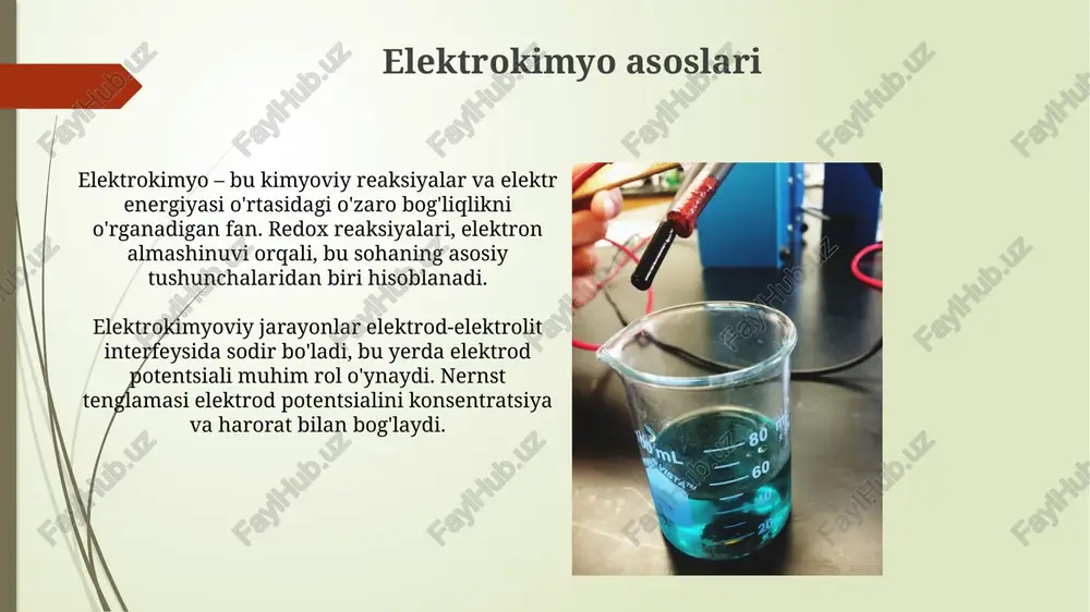 real vaqtda ma'lumotlarni taqdim etadi. muammolar, yechimlar va istiqbollar korroziya muammosini hal qilish uchun nobud bo'lishning oldini olish, masalan, metallarning 95 foizini himoya qilish uchun elektrokimyoviy usullar, shu jumladan katodik himoya keng qo'llaniladi. elektrokimyoviy energiyani saqlash, xususan litiy-ion batareyalar, 2030-yilga kelib 300 milliard dollarlik bozorga aylanishi kutilmoqda, lekin zichlik va xavfsizlikni oshirish muhim. e'tiboringiz uchun rahmat image1.jpg image2.jpg image3.jpg image4.jpg image5.jpg image6.jpg image7.jpg image8.jpg image9.jpg image10.jpg