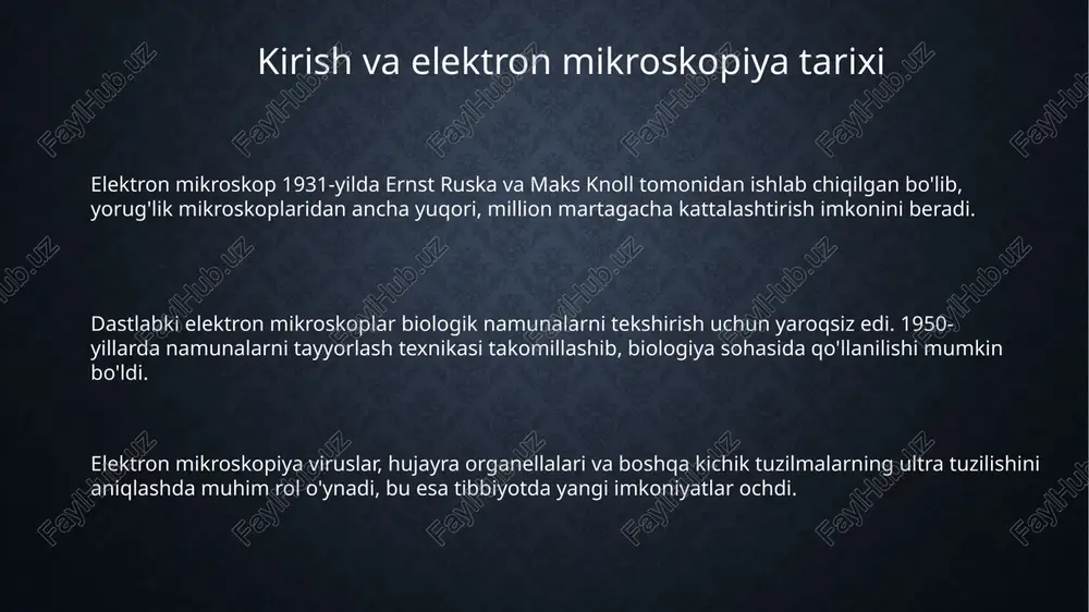ning chiqarilish mexanizmini tushunish uchun juda muhimdir. farmatsevtika sanoatida elektron mikroskopiya vaktsinalarni ishlab chiqishda virus zarralarining butunligini va shaklini tekshirish uchun ishlatiladi, bu esa samaradorlikni ta'minlaydi. afzalliklari, cheklovlari va rivojlanish istiqbollari elektron mikroskopiya hujayralar va to'qimalarning yuqori aniqlikdagi tasvirlarini taqdim etadi, bu esa 0,1 nanometrgacha bo'lgan tuzilmalarni o'rganishga imkon beradi, lekin namunalar vakuumda bo'lishi kerak. elektron mikroskopiyaning cheklovlaridan biri - bu namunani tayyorlash jarayoni bo'lib, u artefaktlarni keltirib chiqarishi mumkin. bundan tashqari, tirik namunalarni kuzatishning iloji yo'q. kelajakda, krio-elektron mikroskopiya va to'g'ridan-to'g'ri elektron detektorlari kabi yangi texnologiyalar elektron mikroskopiya imkoniyatlarini yanada kengaytirib, 3d atomistik tuzilmalarni aniqlashga yordam beradi. e'tiboringiz uchun rahmat