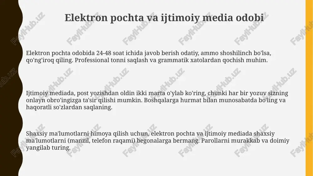 iyatlarda 'salomlashish' 3 soniyadan 10 soniyagacha davom etishi mumkin, bunday farqlar anglashilmovchilikni keltirib chiqarishi mumkin, shuning uchun e'tiborli bo'lish muhim. mualliflik huquqi bo'yicha qonunlar mamlakatdan mamlakatga farq qiladi; masalan, aqshda 'fair use' mavjud, yevropa esa mualliflik huquqiga qat'iyroq yondashadi. onlayn xatti-harakatlar uchun javobgarlik 13 yoshdan oshgan bolalar uchun jinoiy javobgarlikka sabab bo'lishi mumkin, ayniqsa kiberbulling va tahdidlar bo'yicha. e'tiboringiz uchun rahmat