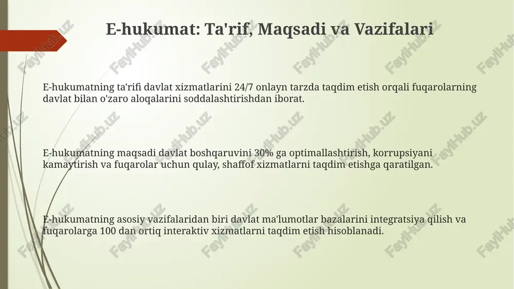 lilini integratsiya qilib, davlat xizmatlarining 95 foizini avtomatlashtiradi va shaxsiy ehtiyojlarga moslashtiradi. 2030-yilga borib, blokcheyn texnologiyasi orqali e-hukumatda xavfsizlikni ta'minlash va korrupsiyani 80 foizga kamaytirish ko'zda tutilgan, shaffoflikni oshirish bilan. keyingi avlod e-hukumat platformalari fuqarolarning ishtirokini oshirish uchun raqamli identifikatsiya va mobil ilovalardan foydalanib, 70 foiz yuqori reytingga erishadi. e'tiboringiz uchun rahmat image1.png