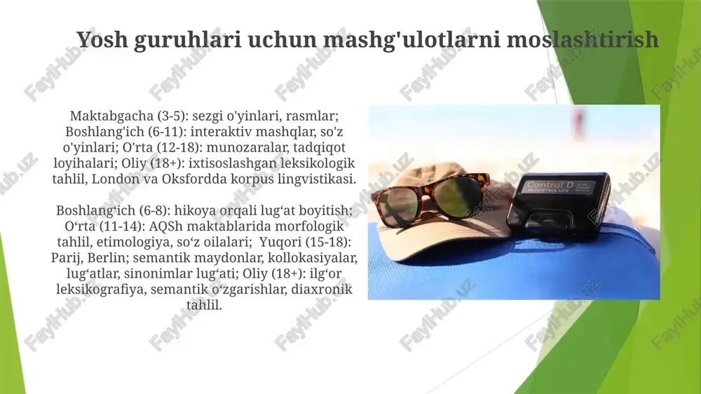 g'aviy rivojlanish chaqaloqlikdan (6 yoshga kelib 1000+ so'z) kattalikgacha (doimiy lug'at boyitish, 20,000-35,000 so'z) davom etadi. maktabgacha ta'lim (masalan, rasmlar, so'z o'yinlari) va o'rta maktab (masalan, etimologiya, lotin/yunon ildizlari) dars rejalari farq qiladi boshlangʻich (1-5-sinflar): oddiy soʻz boyligi (koʻz bilan oʻqiladigan soʻzlar, funksiyonal soʻzlar) va fonetika. oʻrta (6-8-sinflar): morfologiya (qoʻshimchalar), sinonimlar, antonimlar va lugʻatdan foydalanish dars rejalarini ishlab chiqish: amaliy yondashuv samarali leksikologi darslari turli resurslardan (lug'atlar, korpuslar, onlayn vositalar) foydalanib, ko'p qirrali aql-zakovatlarni (masalan, vizual, auditoriy, kinestetik) birlashtirib, talaffuz mashqlari, so'z yasash jarayonlari (affiksatsiya, qo'shma so'zlar) va semantik munosabatlar (sinonimiya, antonimiya) kabi sohalarda amalga oshirilishi kerak leksikolgiya dars rejalari turli yosh guruhlari (boshlangʻich, oʻrta, oliy) uchun turlicha yondashuvlarni talab qiladi. oʻqitish strategiyalari turli taʼlim muhitlarida (sinf, onlayn platformalar) london, nyu-york yoki tokio kabi joylarda lugʻat boyitish usullarini (flesh-kartalar, semantik xarita, etimologiya mashqlari) oʻz ichiga olishi kerak e'tiboringiz uchun rahmat @taqdimot_robot image1.jpg image2.jpg image3.jpg image4.jpg image5.jpg image6.jpg image7.jpg image8.jpg image9.jpg …