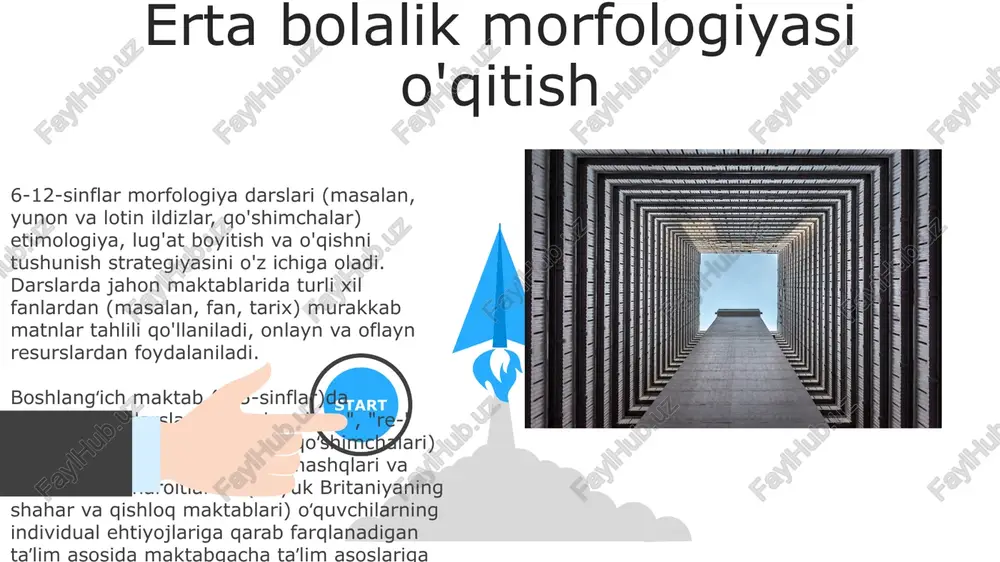 ishni samarali ta'minlash uchun ko'p sezgili yondashuvlarni (ko'rgazmali qurollar, manipulyativ vositalarni) birlashtirib, turli o'rganish uslublariga (vizual, auditor, kinestetik) moslashtirilishi kerak baholash turlicha boʻlishi, turli oʻrganish uslublarini aks ettirishi kerak (test, qisqa javobli, insholar, loyihalar) maktab morfologiyasi bo'limlari 9-12-sinf morfologiya bo'limlari (prefikslar, suffikslar, ildizlar)ni turli tillarda (masalan, ingliz, lotin, yunon) aniqlash, so'z yasash jarayonlarini (ya'ni, hosil qilish, qo'shma so'zlar) turli lingvistik kontekstlarda (masalan, shekspir ingliz tili, zamonaviy amerika ingliz tili) tahlil qilishni o'z ichiga oladi morfologiya bo'yicha differentsiallashgan ta'lim turli o'quv uslublari va qobiliyatlariga moslashgan turli xil dars rejalari talab qiladi. 06 05 04 o'rta maktab morfologiya kursi 01 02 o'rta maktab morfologiya kursi (6-8-sinflar) morfemalar (qo'shimchalar, qo'shilmalar, ildizlar), o'zgaruvchi va yasovchi morfologiya mavzusini qamrab oluvchi 30-40 soat darsni talab qiladi. turli fanlar (masalan, tabiiy fanlar, ijtimoiy fanlar)dagi so'z boyligini oshirishga ta'sir ko'rsatadi differentsiyalashgan ta'lim juda muhim. 1-3-darajalar asta-sekin murakkablashib boradi: 1-daraja: oddiy qo'shimchalar (-un, -gan), 2-daraja: birikma so'zlar (geo-, -logiya), …
