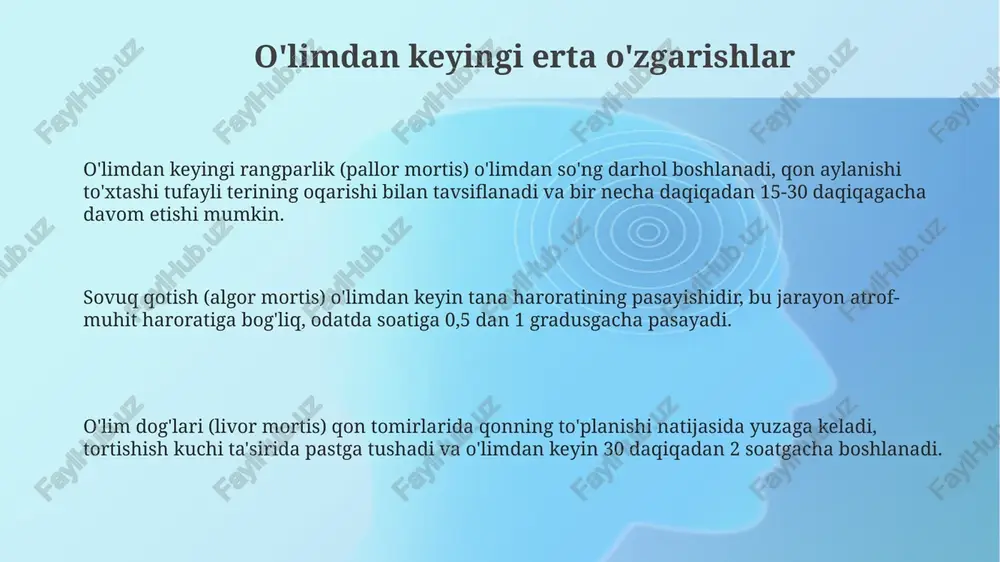 2-darajali artefakt) o'lim vaqtini aniqlashga xalaqit berishi mumkin, chunki ularni 3-darajali livor mortis bilan adashtirish mumkin. balzamlash kabi artefaktlar o'limdan keyingi o'zgarishlarni sekinlashtirishi mumkin, bu sud-tibbiyot tekshiruvchilari uchun taxminan 4-darajali o'lim vaqtini aniqlashni qiyinlashtiradi. e'tiboringiz uchun rahmat image1.png