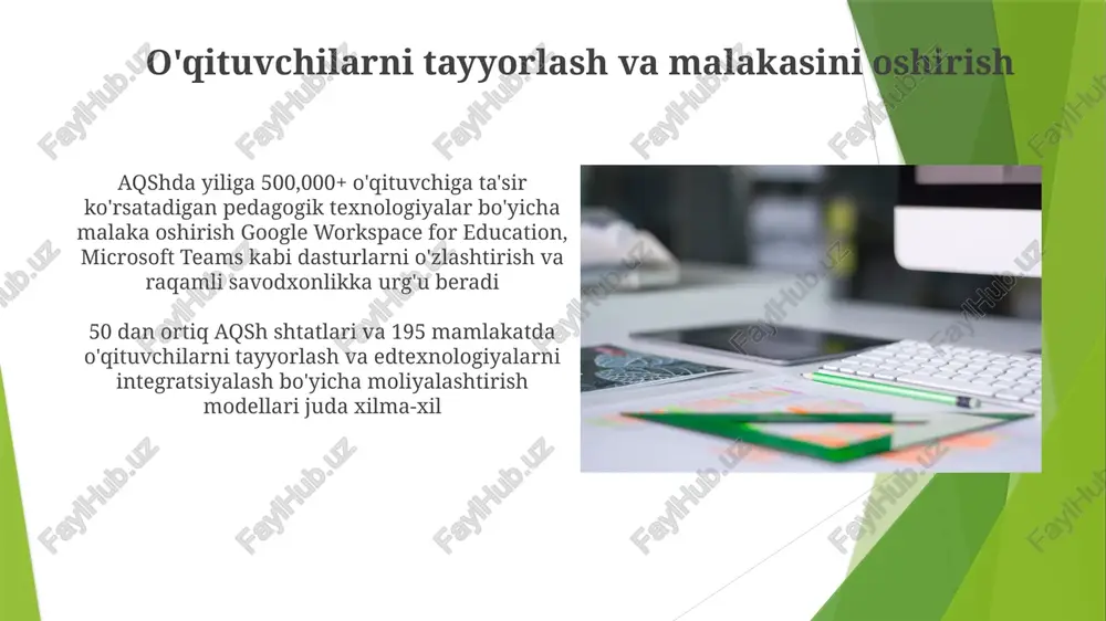 dual ehtiyojlarni qondiradi (differentsiallashgan ta'lim) ta'lim texnologiyalarini ta'rifi edtex sohasi texnologiya taraqqiyoti (sunʼiy intellekt, mashinaviy oʻrganish, katta maʼlumotlar tahlili) taʼsirida doimiy rivojlanmoqda, moslashuvchan oʻrganish platformalari va shaxsiylashtirilgan oʻrganish tajribalariga taʼsir koʻrsatmoqda. davlat grantlari va venchur kapitali innovatsiyalarni qoʻllab-quvvatlaydi edtexnologiyaning asosiy maqsadi texnologiyalarni qoʻllab oʻqitish va oʻrganish samaradorligini oshirish samarali texnologiyalar integratsiyasi strategiyalari raqamli fuqarolik va texnologiyalardan mas'ul foydalanishni (lincoln o'rta maktabida 100 o'quvchiga kiberxavfsizlik va onlayn xulq-atvor bo'yicha dars berish), pedagogik strategiyalar bilan (maktabning 6 ta sinfida texnologiyalarni qo'llagan holda 3 xil loyiha asosidagi o'rganish modellarini qo'llash) birgalikda amalga oshirish ta'lim texnologiyalari turlari mobil o'qitish (m-learning) turli muhitlarda – uyda, sinf xonalarda (masalan, hindiston va braziliya kabi mamlakatlarda) va ish joylarida – shaxsiylashtirilgan o'rganish tajribalari uchun smartfonlar, planshetlar (ipad va android qurilmalar kabi) va ilovalarni (masalan, duolingo, khan academy) qo'llaydi texnologiyaning ta'limga ta'siri texnologiya integratsiyasi samaradorligi k-12 va oliy ta'lim muassasalarida turlicha (masalan, qishloq va shahar tumanlarida raqamli savodxonlik darajasini …