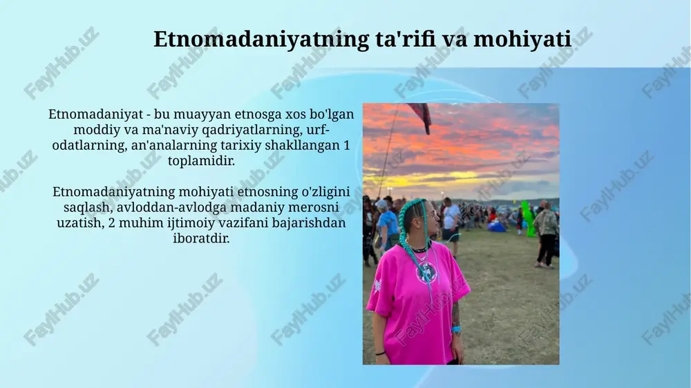 ngi ish o'rinlarini yaratishi mumkin, bu ularga o'z jamoalarida qolish va an'analarni qo'llab-quvvatlash imkoniyatini beradi. muammolar va yechimlar etnomadaniy merosni saqlashda yoshlarning qiziqishi pastligi muammo, buni 2.0 texnologiyalardan foydalanib, qiziqarli kontent yaratish orqali hal qilish mumkin. milliy an'analarni global ommaviy madaniyat bosimi ostida yo'qolishi xavfi mavjud, buning yechimi - yoshlarni 360 gradusli etnomadaniy dasturlar bilan tanishtirish. kelajak istiqbollari kelajakda yoshlar etnomadaniy loyihalarni amalga oshirish uchun sun'iy intellekt va raqamli texnologiyalardan faol foydalanishlari, bu an'analarni 2.0 formatda targ'ib qilish imkonini beradi. 2030 yilga borib, etnomadaniy ta'lim yoshlar uchun milliy o'zlikni anglash va madaniy merosga hurmatni shakllantirishda muhim rol o'ynaydi hamda steam fanlari bilan integratsiya qilindi. xulosa etnomadaniyat yoshlar uchun milliy o'zlikni anglash, tarixni o'rganish va 1991-yildan keyingi davrda milliy g'ururni shakllantirishda muhim rol o'ynaydi. yoshlar etnomadaniy merosni saqlash va rivojlantirishda faol ishtirok etishlari kerak, chunki bu ularning madaniy xilma-xillikni ta'minlashdagi asosiy vazifalaridan biri sanaladi. tavsiyalar yoshlarni 14-25 yosh guruhida milliy hunarmandchilikka …