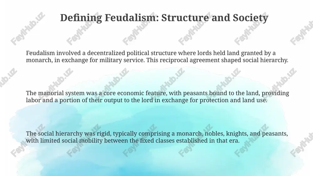 ate rulers reduced precious metal content by 50% creating financial chaos and peasant unrest. legacy of feudalism: long-term consequences and comparisons feudalism's legacy includes the development of parliamentary systems; england's magna carta (1215) originated from feudal lords challenging royal authority, influencing representative governance centuries later. the decentralized nature of feudalism fostered distinct regional identities. this is exemplified by 15th-century france, where powerful duchies, like burgundy, rivaled the king, shaping future administrative divisions. feudal economic structures influenced modern property rights. manorial systems, though exploitative, established land tenure precedents that evolved into legal frameworks for land ownership in post-feudal societies. thank you for your attention image1.png