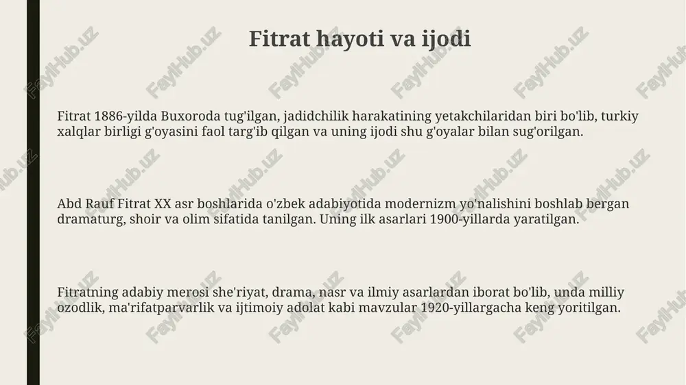 dan o'tib, qisman o'rganildi, ko'proq til xususiyatlariga e'tibor qaratildi. mustaqillik yillarida fitratning "aruz haqida" asari aruz vaznlarining nazariy asoslarini o'rganishda muhim manba sifatida qayta baholandi, aruzning 19 ta asosiy vazni chuqur tadqiq etildi. bugungi kunda tadqiqotchilar fitratning "adabiyot qoidalari" dagi adabiy tushunchalarini zamonaviy adabiyotshunoslik nazariyalari bilan solishtirib, yangi talqinlarni ilgari surmoqdalar, 70 dan ortiq maqola chop etilgan. e'tiboringiz uchun rahmat