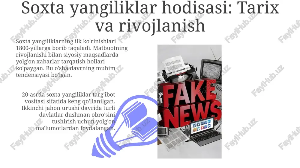 an, snopes, politifact) baholarini ko'rib chiqish muhim; ularning ekspertlari ma'lumotni sinchkovlik bilan tahlil qilib, uning aniqligini aniqlaydilar. soxta yangiliklarga qarshi kurash strategiyalari soxta yangiliklarga qarshi kurashda faktlarni tekshirish tashkilotlari, masalan, snopes.com, 7/24 rejimida ishlashi va shubhali ma'lumotlarni tekshirish muhim ahamiyatga ega. media savodxonligini oshirish dasturlari, ayniqsa 13 yoshdan 18 yoshgacha bo'lgan o'smirlar uchun, tanqidiy fikrlashni rivojlantirib, soxta xabarlarni aniqlashga yordam beradi. texnologiyalarning roli algoritmlar va sun'iy intellekt 24/7 rejimida soxta yangiliklarni aniqlash va ularga qarshi kurashish uchun mo'ljallangan, lekin ular manipulyatsiyaga ham ochiq ekanligini unutmaslik kerak. ijtimoiy media platformalari soxta yangiliklarning tez tarqalishiga yordam beradi, 75% holatlarda ushbu platformalar orqali noto'g'ri ma'lumotlar tarqaladi. ommaviy axborot vositalarining mas'uliyati, ta'lim va media savodxonligi, kelajak tendentsiyalari 01 02 ommaviy axborot vositalari neytrallikni saqlash, ma'lumot manbalarini tekshirish va aniqlikni ta'minlash orqali soxta yangiliklarga qarshi kurashda muhim rol o'ynashi kerak. 24/7 yangiliklar sikli sharoitida tezkorlik muhim. sales 1st qtr 2nd qtr 100 0 sales 1st …