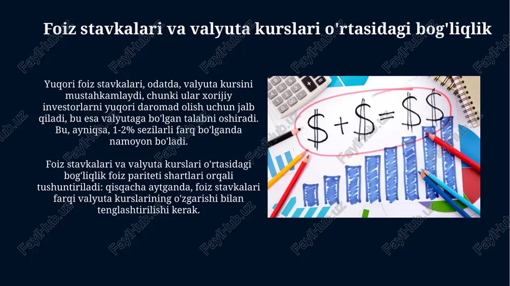 ilgi aqsh va xitoy o'rtasidagi urush tariflar orqali valyuta kurslarini o'zgartirishi mumkin, bu esa ikki davlat valyutalariga 10-15% ta'sir qiladi. risk omillari mamlakat xavfi 10% dan yuqori bo'lgan suveren qarz bo'yicha defolt ehtimoli valyuta kursining keskin pasayishiga olib kelishi mumkin, bu esa xalqaro investorlarning qochishiga sabab bo'ladi. geosiyosiy beqarorlikning ortishi, masalan, 2023-yilda ukrainadagi urush investorlarning qo'rquv indeksini (vix) 30 dan yuqori darajaga ko'tarib, valyuta tebranishlarini kuchaytiradi. prognozlash usullari ekonometrik modellar 10-yilgacha bo'lgan davr uchun foiz stavkalari va valyuta kurslarining o'zgarishini bashorat qilish uchun tarixiy ma'lumotlardan foydalanadi, bunda regressiya tahlili qo'llaniladi. vaqt qatorlari tahlili valyuta kursining kelajakdagi qiymatlarini prognoz qilish uchun o'tmishdagi tendensiyalarni, jumladan, arima modellari kabi, o'rganadi va qisqa muddatli savdogarlar uchun foydalidir. tarixiy misollar va holatlar 1992-yildagi yevropa valyuta inqirozi germaniya foiz stavkalarining yuqoriligi va boshqa yevropa mamlakatlarining valyuta kurslarini himoya qilishga urinishlari tufayli kelib chiqdi, bu esa valyuta spekulyatsiyasiga olib keldi. 1997-1998-yillardagi osiyo moliyaviy inqirozi tailand, indoneziya va …