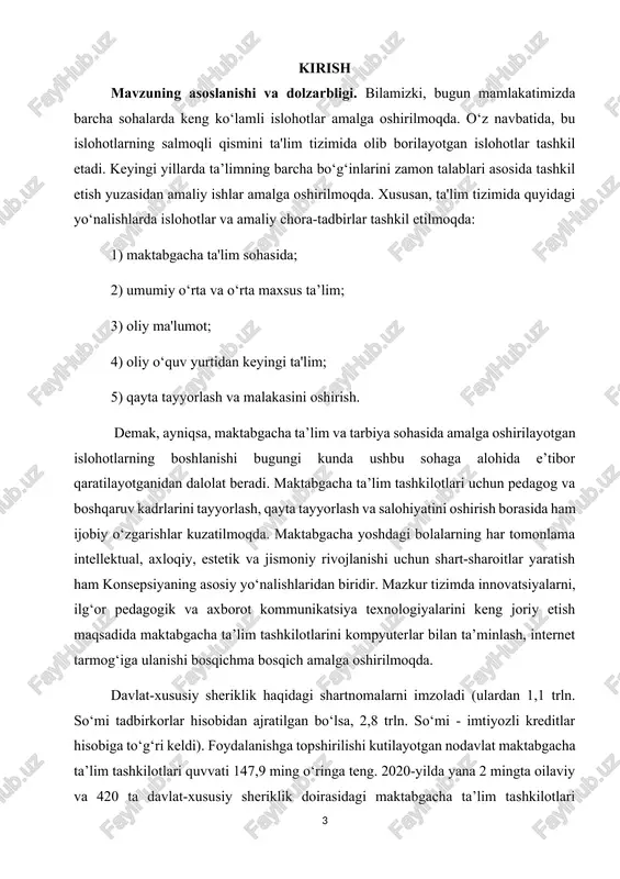 otlarida ta’lim-tarbiyada axborot-kommunikatsiya texnologiyalaridan foydalanishni yanada takomillashtirish mavzusida tuman (shahar) maktabgacha ta’lim bo‘limlari tomonidan o‘quv- seminarlar, tushuntirish ishlari olib borilmoqda. ushbu tadbirlarda “open emis” tizimidagi xato kamchiliklarni tuzatish bo‘yicha amaliy ko‘nikmalar berilmoqda. bu yo‘nalishga alohida e’tibor qaratilishi mamlakatimizning kelgusi taraqqiyoti uchun mustahkam zamin yaratadi. “maktabgacha ta’lim va ta’lim to‘g‘risida”gi qonun bu borada amalga oshirilayotgan islohotlarning huquqiy asosi bo‘lmoqda. qisqa vaqt ichida, ya'ni. to‘rt yil ichida mamlakatda bolalar bog‘chalari soni uch barobarga (5200 dan 14200 gacha) va bolalarni qamrab olish 28% dan 54%gacha ko‘tarildi.“maktabgacha ta’lim va ta’lim to‘g‘risida”gi qonun bu borada amalga oshirilayotgan islohotlarning huquqiy asosi bo‘lmoqda. mamlakatimizda ilk bor maktabgacha ta’lim vazirligining tashkil etilgani bu boradagi asosiy yo‘nalishlardan biri desak, mubolag‘a bo‘lmaydi. bugun yirik shaharlarimizda, chekka hududlarda, qishloq va ovullarda yangi zamonaviy bog‘chalar barpo etilmoqda. xususan, ta’lim tizimida qabul qilingan eng muhim hujjatlardan biri “ta’lim to‘g‘risida”gi qonunning yangi tahrirda qabul qilingani bo‘ldi. qonunda ta'limning asosiy tamoyillari, tizimi, turlari va shakllari …