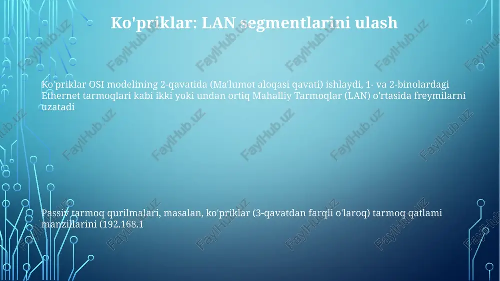 v qurilmalar: hablar va repeaterlar passiv; ma'lumotlarni aqlli tarzda yubormaydi; ma'lumotlarni tahlil qilmaydi; xizmat sifati (qos) funksiyasi yo'q; mac manzilni o'rganmaydi; sodda ishlaydi; kam quvvat sarflaydi; aktiv tarmoq qurilmalari (switch va routerlar)ga nisbatan arzonroq. hablar: 1-qavatli qurilmalar; barcha portlarga ma'lumotlarni tarqatadi; to'qnashuv domenlari cheklangan; aql-idrokka ega emas; ethernet hublari eski tarmoqlarda keng tarqalgan; 10/100/1000 mbps tezlik; sodda, arzon; kichik, past trafikli tarmoqlarda qo'llaniladi; netgear, linksys modellari misol bo'la oladi. tarmoq shkafi va kabel boshqaruvi ma'lumot markazlarida (masalan, equinix ny4, london ld4) 19 dyuymli, 42u server shkaflari serverlar, cisco catalyst 9300 va juniper ex seriyalari switchalari, cisco asr 1000 va juniper mx seriyalari routerlari hamda 1u, 24 portli cat6a patch panellarni joylashtiradi passiv tarmoq jihozlari (patch panellar, optik tolali ulash qutilari, media konvertorlar masalan, 10g sfp+ dan 10gbase-t ga) rekdagi signal yaxlitligini ta'minlaydi simsiz kirish nuqtalari: tarmoq qamrovini kengaytirish passiv tarmoq qurilmalari, waplar, routerlardan farqli o'laroq, nat funksiyasiga ega emas; ular …