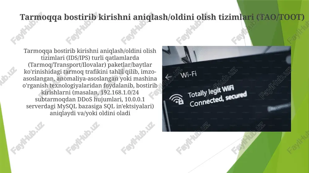 ntratorlari orasida yuk taqsimlanadi firewall'lar: xavfsizlik qo'riqchilari samarali xavfsizlik devori o'rnatish muntazam yangilanishlarni, mustahkam sozlamalarni (ftp 21-port, smtp 25-port kabi xizmatlar uchun port forwarding shu jumladan), va nyu-york, london, singapurdagi ma'lumot markazlari kabi turli joylarda boshqa xavfsizlik choralari (ids/ips, vpn va hokazo) bilan integratsiyani talab qiladi e'tiboringiz uchun rahmat @taqdimot_robot image1.jpg image2.jpg image3.jpg image4.jpg image5.jpg image6.jpg image7.jpg image8.jpg image9.jpg image10.jpg