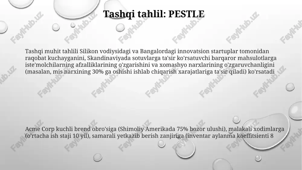 ile rivojlanish) va boshqaruv uslublari (transformativ yoki tranzaksiyaviy) nyu-york, chikago va los-anjelesdagi marketing, savdo va tadqiqot bo'limlarining samaradorligiga ta'sir qiladi. texnologiya omillari texnologiya taraqqiyoti (masalan, sun'iy intellekt, bulut texnologiyalari, 5g) operatsion samaradorlik va mahsulot ishlab chiqarishga ta'sir ko'rsatmoqda; ichki it infratuzilmasi (serverlar, dasturlar, bengalurdagi ofisda 200 xodimlar) va tashqi kiberxavfsizlik tahdidlari (ransomware hujumlari, shimoliy amerikadagi mijozlarning 30%iga ta'sir etgan ma'lumotlar buzilishi). ichki tadqiqot va rivojlantirish byudjeti (10 million aqsh dollari) mobil ilova uchun yangi dasturiy ta'minot xususiyatlarini (3 e'tiboringiz uchun rahmat @taqdimot_robot image1.png image2.png image3.png