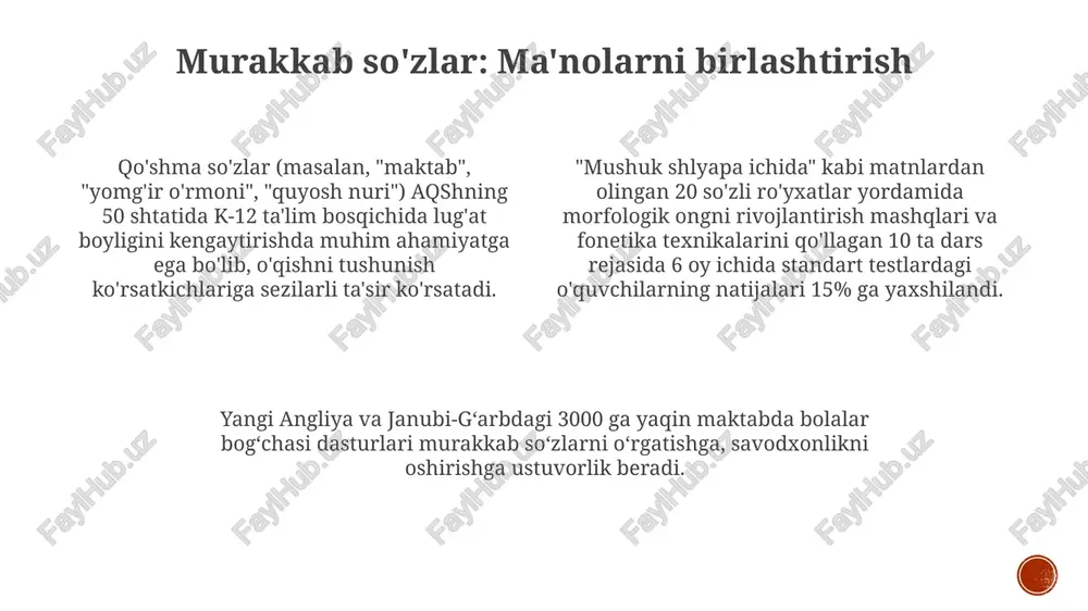 turlarida (masalan, ingliz tili, 2 fan) 1-5-sinf o'quvchilarining lug'at boyligini sezilarli darajada oshiradi. so'z yasash jarayonlari (masalan, qo'shma so'zlar: quyosh+gul=quyoshgul va qo'shimchalar: no+baxtli=nobaxti) boshlang'ich ta'limdan o'rta maktabgacha (6-12 sinflar) lug'at boyligini kengaytirishda, turli fanlardan (fan, matematika, tarix) o'qish va yozish malakalarini rivojlantirishda muhim ahamiyatga ega. so'z yasash, (1-12 sinflar) ingliz tilining (20-asr va undan keyingi) lingvistik malakasini oshiradi. so'z yasalishi va savodxonlikni rivojlantirish qo'shma so'zlar (masalan, "qorbobo", "keks") va yasama so'zlar (masalan, "baxtsiz", "tez") boshlang'ich (1-3 sinflar) va o'rta maktab (6-8 sinflar) da o'qitiladigan muhim so'z yasash jarayonlari bo'lib, mamlakat bo'yicha o'qishni tushunish ko'rsatkichlarini yaxshilaydi. morfologik tahlil (qoʻshimchalar, qoʻshimchalar) kaliforniya va texas kabi hududlarda turli til fonlariga ega boʻlgan 1-5-sinf oʻquvchilarining lugʻat boyligini sezilarli darajada oshirib, savodxonlik rivojiga ijobiy taʼsir koʻrsatadi. 7-12 yoshli shahar va shahar atrofi maktablari (nyu-york va chikago kabi) o'quvchilarining imlo va lug'at boyligini 10-15 ta keng tarqalgan qo'shimchalarni o'rgatish orqali yaxshilash, savodxonlik ko'rsatkichlariga sezilarli ta'sir ko'rsatadi. …