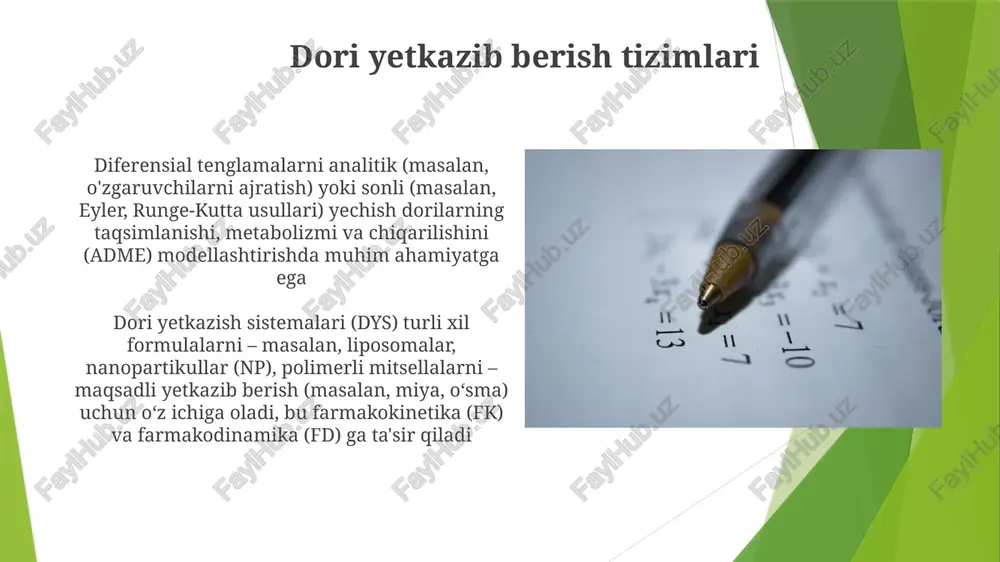 a'minot paketlarida amalga oshiriladi biotibbiyot qo'llanmalari turli sohalarni qamrab oladi. kardioelektrofiziologiya yurakdagi potentsial tarqalishini simulyatsiya qilishda delardan foydalanadi (fitzhugh-nagumo modeli). epidemiologik tadqiqotlarda kasallikning tarqalishini bashorat qilishda delardan foydalaniladi (masalan, londondagi gripp). saraton o'sishini modellashtirishda o'sma hajmining o'zgarishlarini simulyatsiya qilishda delardan foydalaniladi (gompertz modeli) sistemalar biologiyasi va tarmoq modellashtirish sistemalar biologiyasi turli model organizmlar (masalan, e. coli, xamirturush, inson hujayra liniyalari)dan ko'p-omik ma'lumotlarini (genomika, proteomika, metabolomika) birlashtirib, biologik tarmoqlarni (oqsil-oqsil o'zaro ta'siri, metabolik, gen regulyatsiyasi) yaratadi va tahlil qiladi farmakokinetika va farmakodinamika farmakodinamika preparat ta'sirini (samaradorlik, kuch, ec₅₀, ic₅₀) retseptor joylarida (masalan, g-oqsil bilan bog'langan retseptorlar, yurak, miya, jigar kabi to'qimalardagi ion kanallari) dozaga bog'liq munosabatlar orqali (hill tenglamasi, emax modeli) o'rganadi neyron tarmoqlari va miya faoliyati biotibbiyotda dorilarning tarqalishini (masalan, jigar, buyrak to'qimalarida fick qonuni) va reaksiya-diffuziya sistemalarini (masalan, embrion rivojlanishidagi tyuring naqshlari) modellashtirishda oddiy va qisman differentsial tenglamalar (odt va qdt) qo'llaniladi. yechimlarni topish uchun ko'pincha (masalan, chekli elementlar, …