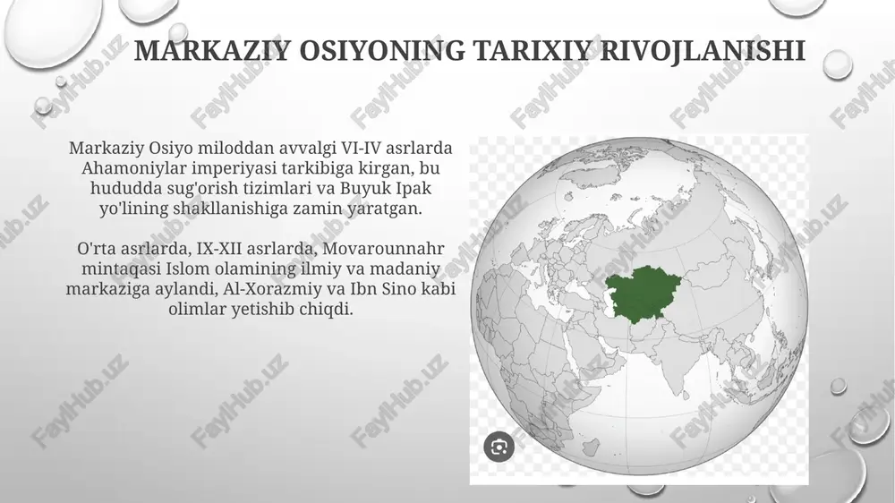 asida o'zaro madaniy ta'sir 2000 yildan ortiq tarixga ega bo'lib, an'anaviy hunarmandchilikni rivojlantiradi. ipak yo'lining madaniy ta'siri natijasida, mintaqada buddizm, zardushtiylik va islom dinlari 1000 yil davomida tarqaldi, natijada me'morchilik va adabiyotda noyob sintez shakllandi. mintaqaviy tashkilotlarning roli mintaqaviy tashkilotlar, masalan, shanxay hamkorlik tashkiloti (shht), xavfsizlik sohasida hamkorlikni kuchaytiradi, terrorizmga qarshi kurashda muvofiqlashtirishni ta'minlab, barqarorlikni saqlashga yordam beradi. markaziy osiyo davlatlari uchun markaziy osiyo hamkorlik tashkiloti (caco) kabi mintaqaviy tuzilmalar iqtisodiy integratsiyani rivojlantirish, savdo aloqalarini kengaytirish va investitsiyalarni jalb qilishga xizmat qiladi. aqshning ta'siri va strategiyasi aqsh markaziy osiyoda 1990-yillardan beri "demokratik rivojlanish" dasturlari orqali siyosiy va iqtisodiy islohotlarni qo'llab-quvvatlab, mintaqada barqarorlikni mustahkamlashga harakat qilmoqda. aqsh mintaqaviy xavfsizlikni ta'minlash maqsadida, ayniqsa afg'onistonda barqarorlikka erishish va terrorizmga qarshi kurashda markaziy osiyo davlatlari bilan harbiy hamkorlikni rivojlantirmoqda. rossiyaning ta'siri va siyosati rossiya markaziy osiyoda kollektiv xavfsizlik shartnomasi tashkiloti (kxsht) orqali harbiy-siyosiy ta'sirini saqlab qoladi, bu esa mintaqada 201-harbiy baza kabi harbiy mavjudligini …