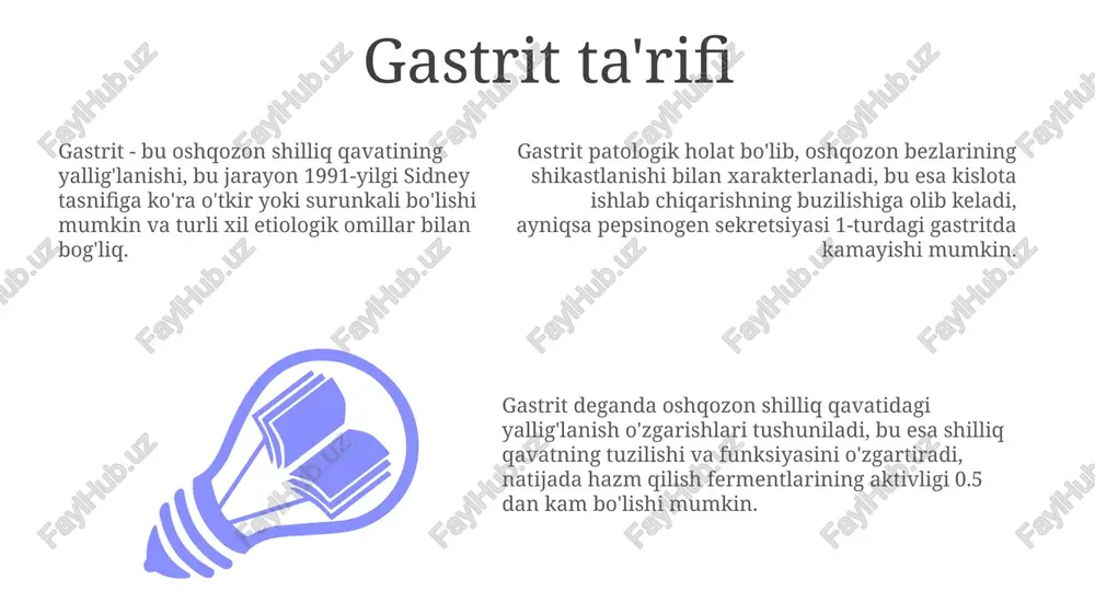 astritda og'riqlar odatda ovqatdan keyin yoki och qolganda paydo bo'ladi, dimlangan, achishgan, bosuvchi xarakterga ega bo'lib, 30 daqiqadan 2 soatgacha davom etishi mumkin. oshqozon yarasi kasalligining klinik ko'rinishlari oshqozon yarasi kasalligining asosiy klinik ko'rinishi epigastral sohada og'riq bo'lib, ovqatdan keyin 1-3 soat o'tgach paydo bo'ladi va ovqatlanish yoki antatsidlar qabul qilish orqali kamayadi. ko'ngil aynishi va qusish oshqozon yarasi kasalligi bilan bog'liq bo'lishi mumkin, ayniqsa yaralar pilorik kanalga yaqin joylashganda. qusish og'riqni vaqtincha kamaytirishi mumkin. oshqozon yarasi kasalligi bilan og'rigan bemorlarda qon ketishi mumkin, bu qora najas (melena) yoki qonli qusish (hematemezis) shaklida namoyon bo'ladi, bu esa temir tanqisligi anemiyasiga olib kelishi mumkin. o'n ikki barmoqli ichak yarasi kasalligining klinik ko'rinishlari duodenal yaralarda ko'pincha tunda og'riqlar paydo bo'ladi, bemorni uyg'otadi. taxminan 50-80% hollarda bu og'riqlar kuzatiladi va antatsidlar bilan kamayadi. o'n ikki barmoqli ichak yarasi kasalligida ko'pincha 'och qoringa' og'riqlar kuzatiladi, ular ovqatdan 2-3 soat o'tgach paydo bo'lib, ovqat iste'mol …