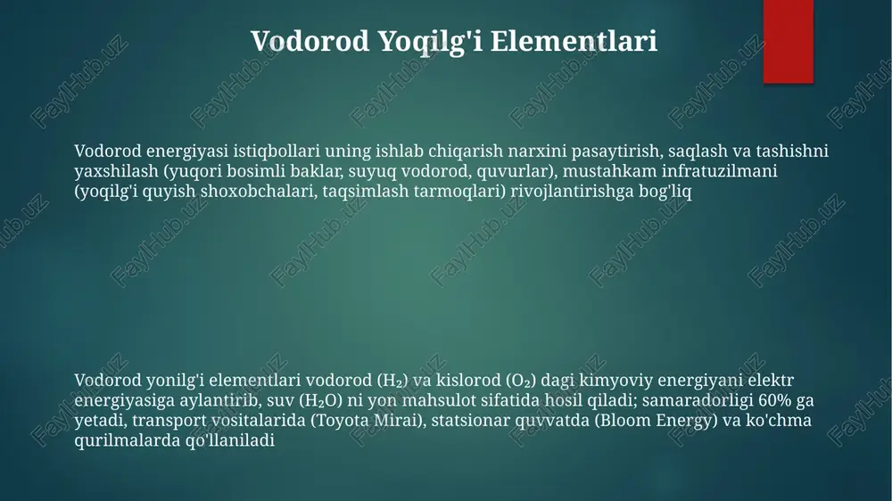 ari karbon narxlash siyosati va samaradorlik hamda rentabellikni oshiruvchi texnologik yutuqlarga bog'liq. elektroliz orqali olingan qayta tiklanuvchi vodorod bilan aralashtirish "kulrang" vodorod oraliq mahsuloti sifatida mumkin ko'mir gazifikatsiyasi (masalan, bitumli, sub-bitumli ko'mirni) sintez-gazi (co + h₂) ga aylantiruvchi termikimyoviy jarayon bo'lib, u suv-gaz almashinuvi reaksiyasi (wgs) orqali ~400°c da vodorod ishlab chiqarish imkonini beradi ko'mir gazifikatsiyasi orqali vodorod ishlab chiqarish qimmat (1000 mvt elektr stansiyasi uchun ~2-3 milliard dollar), co2 chiqindilari (uglerodni ushlash va saqlash – uus kerak), va suv sarfi kabi muammolarga duch keladi vodorodning iqtisodiy samaradorligi va siyosiy qo'llab-quvvatlashi biologik vodorod ishlab chiqarish issiqlik-kimyoviy vodorod ishlab chiqarish, elektr stansiyalari kabi sanoat korxonalarida tabiiy gaz yoki bioyoqilg'i bilan suvning yuqori haroratli reaksiyalari (masalan, bug'li metanni isloh qilish, gazlashtirish) orqali sezilarli miqdorda h₂ hosil qiladi, lekin co₂ chiqindilari bilan mikroorganizmlar (masalan, clostridium acetobutylicum va synechocystis sp. pcc 6803 kabi tsianobakteriyalar) yordamida fermentatsiya (qorong'u fermentatsiya, fotofermentatsiya) va fotosintez (kislorodli va kislorodsiz …