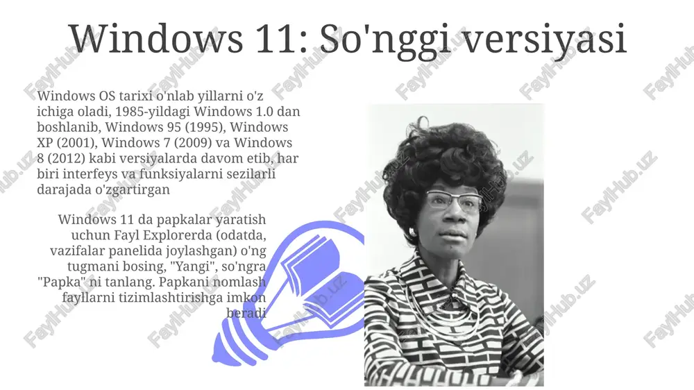 shqarish muhim. mantiqiy nomlash konventsiyalaridan foydalaning ("smith_corp_q3_2024" kabi sana, loyiha nomi, mijoz nomi). fayllarni turga ("hujjatlar", "rasmlar", "videolar") va loyihaga ("veb-saytni qayta loyihalash", "marketing kampaniyasi") qarab papkalarga joylashtiring dastlabki versiyalar zamonaviy windows'ning intuitiv grafik interfeysiga (gui) ega emas edi. ms-dos (1981) `mkdir` (papka yaratish) kabi buyruq satri interfeyslariga (cli) tayanib, aniq yo'llarga (masalan, `mkdir c:\myfolder`) papkalar yaratish imkonini berdi dastlabki kompyuterlar va windows yo'li ms-dos (1981), buyruqlar satri interfeysi, windowsdan avval paydo bo'ldi; gui (grafik foydalanuvchi interfeysi) tushunchalari xerox parc'ning alto (1973) kompyuteri bilan paydo bo'ldi; windows 1 windows 3.x: windowsning yuksalishi windows 3.x da fayl boshqaruvi file manager yordamida papkalar (direktorialar) yaratish, fayllarni c:\ diskida (yoki boshqa bo'limlarda) mantiqiy tartiblash orqali amalga oshirildi, bu esa o'sayotgan xotira hajmi bilan ma'lumotlar oqimini boshqarish uchun muhim edi. qisqa yo'llar (` 1992-yilda chiqarilgan windows 3.1 multimedia qo'llab-quvvatlashni (sound blaster mosligi) va xotira boshqaruvini yaxshilagan muhim yangilanish edi. uning ofis va uylarda keng …