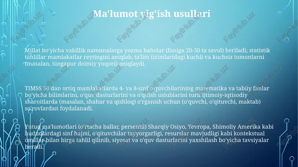 ka va fan bo'yicha bilim va ko'nikmalarini baholash orqali ta'lim tizimlari haqida qiyoslash ma'lumotlarini beradi. asosiy xulosalar va tendentsiyalar ko'pgina mamlakatlarda (masalan, aqsh, xitoy, germaniya) fizika kabi aniq fan sohalarida qiz va o'g'il bolalar o'rtasida jins tengsizligi kuzatilmoqda, o'g'il bolalar ustunlik qilmoqda timss sikllari bo'yicha (masalan, 1995-2023) tahlil davlatlar o'rtasida natijalarning o'zgarib turishini ko'rsatadi. masalan, ba'zi davlatlar (masalan, ayrim yevropa davlatlari) matematika ballarida yaxshilanishga erishgan bo'lsa, boshqalari (masalan, ba'zi lotin amerikasi davlatlari) turg'unlik yoki pasayishga duch kelgan timss 2023 natijalari mamlakatlar o'rtasida sezilarli yutuq farqini ko'rsatdi: singapur, janubiy koreya va yaponiya 4 va 8-sinf o'quvchilari matematika va tabiiy fanlardan yuqori o'rinlarni egalladi, sahroi kavkaz janubidagi ko'plab davlatlar esa ancha orqada qoldi e'tiboringiz uchun rahmat @taqdimot_robot image1.png image2.png image3.png image4.png image5.png
