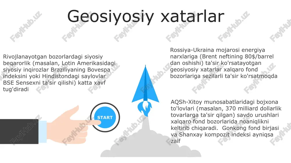 02 texnik tahlil 01 02 texnik tahlil rsi, macd va bollinger bands kabi ko'rsatkichlarni qo'llab, nyse, lse va tokio fond birjalarida apple, microsoft va tencent kabi aktsiyalar bo'yicha sotib olish/sotish signallarini aniqlaydi. narx grafiklari (sham, ustun) va hajmlar tahlili ham muhim vositalar hisoblanadi. xalqaro fond bozoridagi savdo strategiyalari uzoq muddatli "sotib olib ushlab turish"dan tortib, opsiyonlar (put, call) va fyuchers kontraktlaridan foydalangan qisqa muddatli kunlik savdolarga qadar 03 uzoq muddatli investitsiyalar xalqaro fond bozorida sarmoya kiritish xavflari geosiyosiy beqarorlik (masalan, mojarolar, sharqiy yevropa yoki yaqin sharq kabi hududlarga ta'sir etuvchi sanktsiyalar), qonun hujjatlaridagi o'zgarishlar va valyuta qiymatining pasayishi hisoblanadi uzoq muddatli (5-10+ yil) xalqaro fond bozorida investitsiya qilish diversifikatsiya imkoniyatlarini taqdim etib, bitta bozordagi tebranishlardan kelib chiqadigan xavflarni kamaytiradi. muvaffaqiyatli xalqaro fond bozorida investitsiya qilish chuqur tahlilni talab qiladi. kompaniyaning moliyaviy holatini (masalan, p/e nisbati, qarz/kapital), raqobat muhitini va makroiqtisodiy omillarni (masalan, inflyatsiya darajasi, yaim o'sishi, foiz stavkalari) muayyan mamlakatlarda …