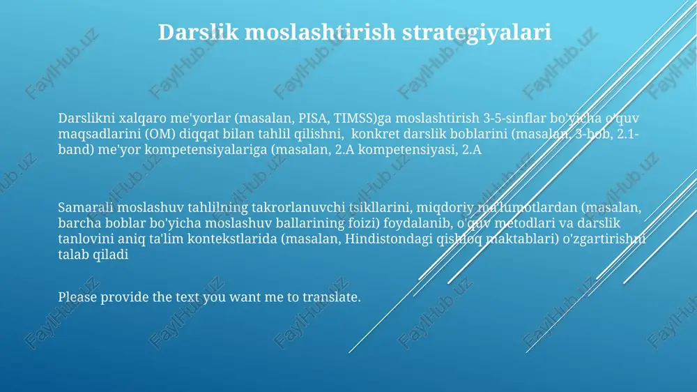 rli matn turlarida tushunish ko'nikmalarini o'lchash. xalqaro ramkalar umumiy ko'rinishi oecd pisa, timss, va pirls kabi xalqaro dasturlar 15 yoshli o'quvchilarning matematika, fan va o'qish ko'nikmalarini baholash orqali aqsh, buyuk britaniya, kanada va avstraliya kabi davlatlarning o'quv dasturlariga ta'sir ko'rsatadi. ma'lumotlar 1960-yillardan beri iea tomonidan tahlil qilinadi. doira moslashtirish va o'zgartirish darslikni integratsiya qilish mazmunni moslashtirilgan ramka bilan uyg'unlashtirishni, boblar va mashg'ulotlar bo'yicha tushunchaviy izchillikni ta'minlashni (masalan, pisa kompetentsiyalarini integratsiya qiluvchi tabiiy fan darsliklari) talab qiladi xalqaro ramkalar (masalan, oecdning pisa, ieaning timss) o'quv dasturlari va baholash uchun me'yorlarni taqdim etadi, darslik mazmunini boyitadi va global miqyosda o'qitish amaliyotlariga ta'sir qiladi ramka moslashtirish mavjud tuzilmalarni (masalan, timss, pisa) milliy o'quv dasturlariga (masalan, aqshdagi ngss, angliyadagi milliy o'quv dasturi) moslashtirishni talab qiladi, bu baholash dizayni va savol tanloviga (masalan, ko'p tanlovli savollar, ochiq savollar) ta'sir qiladi o'quv rejalari va ramkalari k-12 standartlarini (masalan, common core, ngss) darsliklar bilan moslashtiruvchi va timss, …