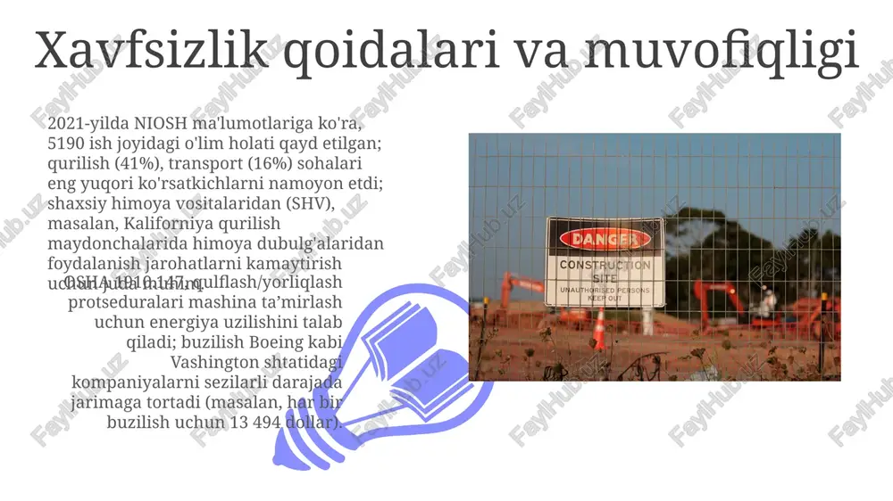 (27 mamlakat) kabi hududlarda kamaytiradi. shaxsiy himoya vositalari (shv) ishchilar xavfsizligi bo'yicha o'qitish (xavf haqida xabar berish, favqulodda vaziyatlar tartibi) juda muhim ishchilar xavfsizligi uchun muhim bo'lgan shaxsiy himoya vositalari (shv): respiratorlar (n95, p100), qo'lqoplar (nitril, lateks), ko'z himoyasi (ko'zoynaklar, yuz qalqonlari), bosh himoyasi (dubeykalar, yumshoq dubiykalar), eshitish himoyasi (quloq tıkaçları, quloq himoyalari) kimyoviy xavfsizlik va xavfli materiallar osha 29 cfr 1910 e'tiboringiz uchun rahmat @taqdimot_robot image4.jpg image5.jpg image6.jpg image7.jpg image8.jpg image9.jpg image10.jpg image11.jpg image12.jpg image13.jpg image1.jpeg image2.jpeg image3.jpeg