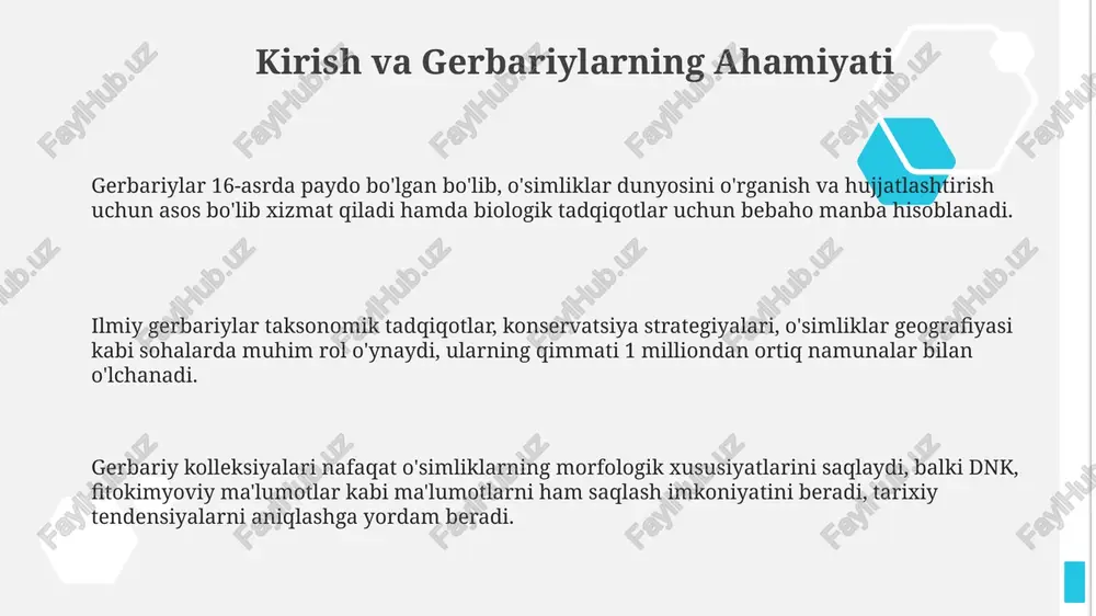 hda 18-asr usullaridan zamonaviy dnk sekvensiyalashgacha bo'lgan usullar qo'llaniladi. o'quv resurslari sifatida gerbariylar botanika fanidan saboq beradi; ular o'simlik morfologiyasi va ekologiyasi bo'yicha 100 dan ortiq darslar o'tishda yordam beradi, hamda magistratura va doktorantura tadqiqotlari uchun qo'llanma hisoblanadi. gerbariy ma'lumotlar bazalari global o'simliklar monitoringi uchun muhimdir. taxminan 390 million gerbariy namunasi yordamida iqlim o'zgarishi va invaziv turlarning tarqalish tendensiyalari haqida ma'lumotlar olish imkoniyati mavjud. e'tiboringiz uchun rahmat