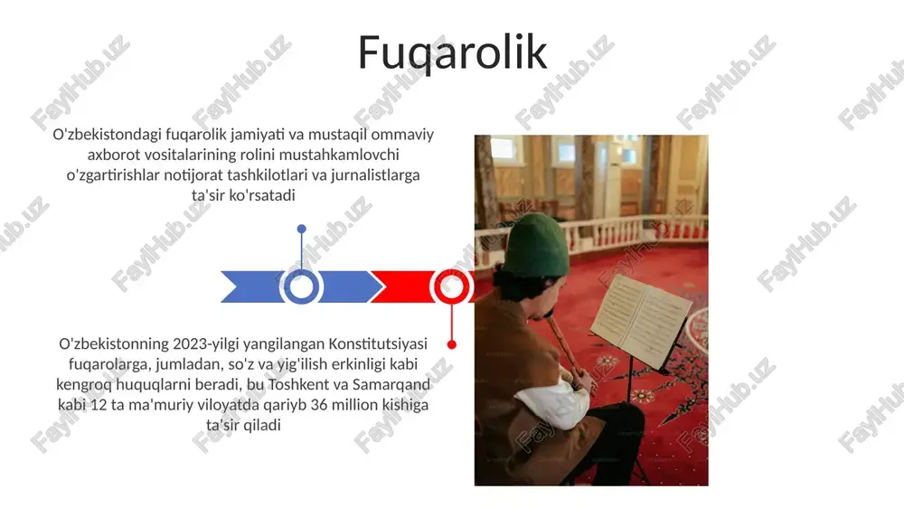 bekistonning ikki palatali parlamenti – oliy majlis (qonunchilik palatasi – 150 deputat va senat – 100 a'zo) faoliyatiga sezilarli ta'sir ko'rsatdi 2023-yilgi o'zbekiston konstitutsiyasining qayta ko'rib chiqilgan tahriri oliy majlis tuzilmasi va faoliyatiga jiddiy o'zgarishlar kiritib, ijro va qonun chiqaruvchi hokimiyatlar o'rtasidagi muvozanatni o'zgartirdi. 93-modda senat tarkibi va vakolatlarini, jumladan qoraqalpog'iston va toshkent shahrini ifodalashini belgilaydi oliy majlis (parlament) asosiy huquq va erkinliklar 2023-yil aprel'dan boshlab amal qiladigan yangi konstitutsiya referendum va tashabbuslar orqali fuqarolarning ishtirokini kuchaytirdi, namangan va farg'ona kabi shaharlardagi siyosiy jarayonlarga ta'sir ko'rsatdi o'zbekistonning 2023-yilgi yangilangan konstitutsiyasi so'z, matbuot, yig'ilish va din erkinliklarini kafolatlovchi 21-29-moddalarni o'z ichiga olgan holda, asosiy huquq va erkinliklarni sezilarli darajada kengaytirdi; 24-modda xususiy mulkni himoya qiladi; 120 a'zoli oliy majlis qonunchilik nazoratini ta'minlaydi saylovlar o'zgartirilgan konstitutsiya saylov jarayonlariga ta'sir ko'rsatib, ovoz berish tartiblariga o'zgartish kiritdi, oliy majlisdagi o'rinlar sonini ko'paytirdi va o'zbekiston siyosiy maydonida ijro etuvchi va qonun chiqaruvchi hokimiyatlar o'rtasidagi kuchlar …
