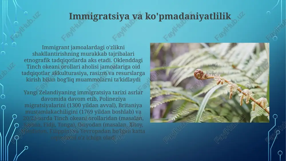joylashgan maorilar ngāti maniapoto, ngāpuhi va ngāti toa kabi turli iwi (qabilalar)ni tashkil qilib, har biri oʻz rohe (hududi) va qabilaviy mojarolar hamda ittifoqlarning oʻziga xos tarixiga ega boʻlishgan etnologik tadqiqotlar murakkab oʻymakorlik (whakairo), toʻqish (raranga) va tatuirovka (tā moko)ni oʻz ichiga olgan boy va xilma-xil maori madaniyatini ochib beradi. maori dunyoqarashi tabiiy muhit bilan chambarchas bogʻliq boʻlib, bu ularning whenua (yer) va moana (dengiz) bilan munosabatlarida aks etadi avtoxton bilimlar tizimi polineziya migratsiya nazariyalari, vayrau bar (marlboro) kabi arxeologik dalillar bilan tasdiqlangan holda, aotearoani xalqlashtirishni tushuntiradigan maori og'zaki rivoyatlari bilan uyg'unlashadi yangi zelandiyadagi pasifik hamjamiyatlari aucklanddagi pasifika festivali kabi muhim madaniy tadbirlar turli xil sanʼat turlarini, fa'a samoa va ivakatonga kabi musiqalarni hamda raqs anʼanalarini namoyish etib, yangi zelandiyaning rang-barang etnografiyasiga katta hissa qo'shadi. auckland, wellington va christchurchdagi 200 000 dan ortiq samoalik, tongalik, fidjilik va boshqa pasifika jamoalari yangi zelandiyaning xilma-xil aholisining muhim qismini tashkil etib, madaniy landshaftga …