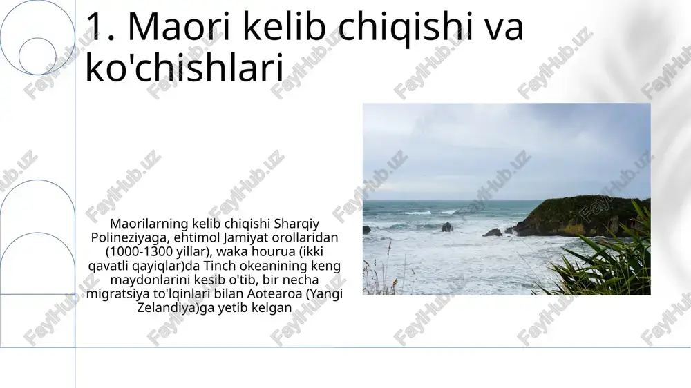 l hikoyachilik an'analarini namoyish etadi 11.ijtimoiy tuzumlar va qarindoshlik 12.maori madaniyatini tiklash 13.pākehā kimligi va tarixi aotearoa yangi zelandiyadagi pākehā identifikatsiyasi murakkab boʻlib, 1769-yildan boshlab turli xil yevropa ajdodlarini (britaniyalik, irland, gollandiyalik va boshqalar) oʻz ichiga oladi, mustamlaka, shartnomalarni buzish (vaitangi, 1840) va yerlarni tortib olish orqali maori jamiyatiga sezilarli taʼsir koʻrsatgan dastlabki pākehā aholi punktlari auckland, wellington, christchurch va dunedin kabi yirik shahar markazlarida jamlandi, bu yerda fermer xo'jaliklari, biznes va davlat tuzilmalari tashkil etildi 14.yangi zelandiyadagi ko'p madaniyatlilik hamilton va dunedin kabi shaharlardagi turli jamoalar orasida ijtimoiy-iqtisodiy tengsizlik, irqiy kamsitish va madaniy tushunmovchiliklar kabi ikki madaniyatlilik (maori va pakeha) va haqiqiy ko'p madaniyatlilikka erishishdagi doimiy muammolarni tadqiqotlar ko'rsatmoqda yangi zelandiyaning koʻp millatliligi 200 dan ortiq etnik guruhni, jumladan, maori (15%), pakexa (74%), osiyolik (14%) va tinch okeani orollari aholisini (8%) oʻz ichiga oladi, bu oklend, uellington va kraistcherch shaharlarining etnografiyasiga sezilarli taʼsir koʻrsatadi 15.osiyolik yangi zelandiyaliklar yangi zelandiyaning …