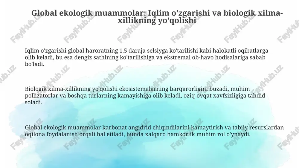 sh monitoringi va iot sensorlaridan foydalanish tendentsiyalari rivojlanadi. barqaror rivojlanish maqsadlariga erishish uchun ekotizimlarning holatini baholashda sun'iy intellekt va katta ma'lumotlar tahlili muhim ahamiyatga ega bo'ladi. yer resurslaridan foydalanish samaradorligini oshirish va degradatsiyani kamaytirish monitoringi dronlar va geoinformatsion tizimlar orqali olib boriladi. e'tiboringiz uchun rahmat image1.png