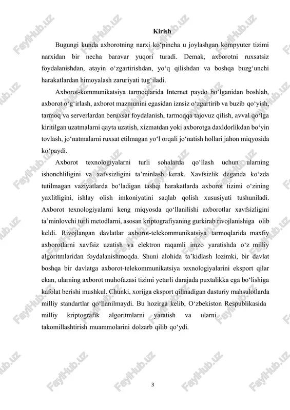 mumkin: ri1  li , l  r  f l , k .  i1 i i i bu oxirgi tengliklar tizimi feystel tarmog‘i asosida qurilgan shifrlash algoritmlarini deshifrlashining matematik modelini ifodalaydi. umumiy holatda m  raundli feystel tarmog‘ining funksional sxemasi quyidagicha ifodalanadi: 2 -rasm. m-raundli feystel tarmog‘i. feystel tarmog‘i asosida qurilgan shifrlash algoritmlarida shifrlash va deshifrlash uchun bir xil algoritmdan foydalanilib, faqat raund kalitlarining qo‘llanilishi teskarisiga o‘zgaradi, ya’ni deshifrlashda 1-raundda km , 2 – raundda km1 va hakozo oxirgi raundda k1 ishlatiladi. f (ri1 , ki ) funksiya bir tomonlama bo‘lsa ham, deshifrlash natijasida bu funksiya qaytadi. hisoblash texnikalari qurilmalarining takomillashuvi natijasida, bugungi kunda standart sifatida qo‘llanilib kelinayotgan shifrlash algoritmlarining bardoshliligi, ularda qo‘llanilaligan akslantirishlarga bog‘liq bo‘lmagan holda, ular kalitlarining uzunliklariga nisbatan kamayadi. yuqorida sanab o‘tilgan feystel tarmog‘iga asoslangan shifrlash algoritmlari bugungi kunda ham standat sifatida benuqson qo‘llanilib kelinayotganligi, bunday algoritmlar akslantirishlarini saqlab qolgan holda, ularning kalitlarini uzaytirish masalasining …