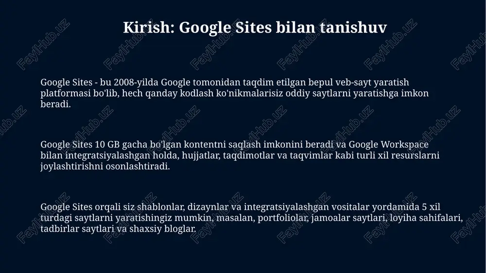 alanuvchilarga sayt ustida hamkorlik qilish uchun ruxsat berishi mumkin. faqatgina 3 xil ruxsat turi mavjud bo'lib, bu qulay usul hisoblanadi. hamkorlik jarayonini yaxshilash uchun siz maxsus foydalanuvchilarga yoki google guruhlarga ruxsat berishingiz mumkin. bu sizga 10 dan ortiq foydalanuvchi ruxsatini boshqarishga yordam beradi. saytni nashr qilish va sozlash maxfiylik sozlamalari muhim, chunki siz veb-saytingizni faqat ma'lum foydalanuvchilar uchun yoki barcha internet foydalanuvchilari uchun 4 xil ruxsat darajasida nashr qilishingiz mumkin. google sites orqali saytni nashr qilishda siz url manzilini sozlash imkoniyatiga egasiz, shu jumladan, mavjud domen nomini ulab, saytingizga 301 yo'nalishni o'rnatishingiz mumkin. nashrdan so'ng, siz google search console orqali saytingiz holatini tekshirishingiz, sayt xaritasini taqdim etishingiz va veb-saytingizni google qidiruv tizimida 72 soat ichida optimallashtirishingiz mumkin. domen nomini ulash google sites saytingizga shaxsiy domen nomini ulash uchun, avvalo domen ro'yxatdan o'tkazuvchingizda dns sozlamalarini yangilashingiz va google sites'da uni tasdiqlashingiz kerak. domen nomini ulanishiga tayyorgarlik ko'rish uchun, a rekordi va …