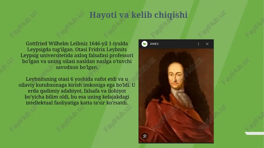 i himoya qiladi va 1710-yilda nashr etilgan. kutubxonashunoslik va axborotni tashkil etish leybnits kutubxonalarni axborotni tashkil etishning muhim markazlari deb hisoblagan va ularning samaradorligini oshirish uchun 1690-yillarda yangi kataloglash usullarini taklif qilgan. u kutubxonalarni universal bilim omborlari sifatida tasavvur qilib, ularni 17-asrda mavjud bo'lgan barcha turdagi ma'lumotlarni yig'ish va saqlash uchun tuzilgan tashkilotlar deb bilgan. ilmiy jamiyatlar bilan aloqalari leibniz 1700-yilda berlin fanlar akademiyasining asoschilaridan biri bo'lgan va uning birinchi prezidenti sifatida xizmat qilgan, bu uning ilm-fanni rivojlantirishga qaratilgan faoliyatidan dalolat beradi. u 1672-yilda londonda qirollik jamiyatiga qabul qilingan, bu uning matematikaga qo'shgan hissasi va xalqaro ilmiy hamjamiyat tomonidan tan olinganligini anglatadi. merosi va ta'siri leybnitsning ikkilik raqamlash tizimi, 1 va 0 raqamlariga asoslangan, zamonaviy kompyuter arxitekturasining asosi bo'lib, raqamli texnologiyalarning rivojlanishiga katta ta'sir ko'rsatdi. uning matematik notatsiyalari, masalan, integral (∫) va differensial (d) belgilari, hisoblashni soddalashtirdi va fan va muhandislik sohalarida keng qo'llanilishiga sabab bo'ldi. asosiy asarlari ro'yxati 'yangi …