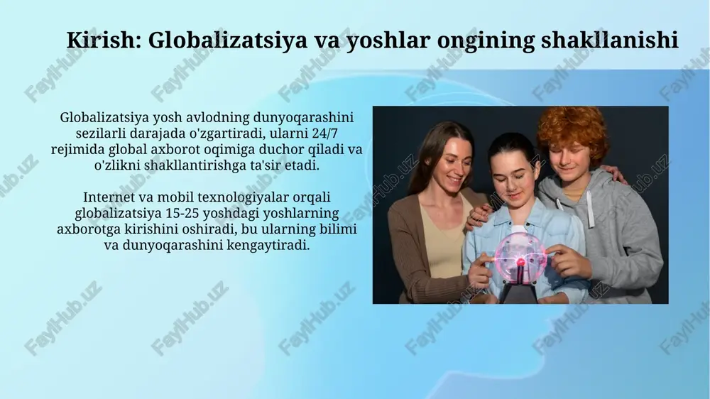 llantirishda muhim rol o'ynaydi; ular orqali o'ziga xos 3 ta ijtimoiy normani o'rganish va qabul qilish sodir bo'ladi. din va ma'naviyatning roli din va ma'naviyat yoshlarga axloqiy kompas vazifasini o'taydi, ularning qadriyatlarini shakllantiradi va 10-sinfdan boshlab ta'lim orqali madaniy merosni anglashga yordam beradi. ma'naviyat shaxsiy qidiruv va o'zini anglashga turtki beradi, yoshlarni 21-asrning global muammolariga nisbatan empatiya bilan yondashishga undaydi. ish bilan ta'minlash imkoniyatlari va mehnat bozori mehnat bozorining o'zgarishi yoshlarning kasbiy tanloviga ta'sir etadi; sun'iy intellekt (ai) kabi texnologiyalar 2030 yilgacha ko'plab ishlarni avtomatlashtirishi mumkin. ish bilan ta'minlash imkoniyatlari geografik jihatdan farq qiladi; rivojlangan mamlakatlarda yuqori maoshli it sektorida 70% dan ortiq ish o'rinlari mavjud bo'lishi mumkin. migratsiyaning ta'siri va madaniy almashinuv migratsiya yoshlarning dunyoqarashini kengaytiradi, 70% hollarda ular boshqa madaniyatlarga moslashib, 20% yangi qadriyatlar qabul qiladi, qolgan 10% esa an'anaviy qadriyatlarga qaytadi. madaniy almashinuv yoshlarda tolerantlikni oshiradi, masalan, 65% yoshlar boshqa madaniyatlarga nisbatan ijobiy munosabatda bo'lishadi, lekin 15%da …