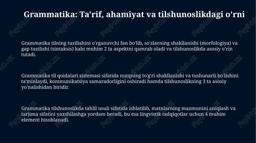 ta'limda grammatika o'quvchilarga so'zlarni to'g'ri tuzish, gaplarni aniq ifodalash va 9-sinf imtihonlarida yuqori natijalarga erishish uchun muhim ahamiyatga ega. tarjima sohasida grammatika tarjimonlarga asl matnning ma'nosini aniq saqlab qolgan holda, 100% sifatli va xatosiz tarjimalarni yaratishga yordam beradi. sun'iy intellektda grammatika tabiiy tilni qayta ishlash (nlp) tizimlariga matnni tahlil qilish, ma'noni aniqlash va 7/24 so'zlashuvchi chatbotlarni yaratish imkonini beradi. e'tiboringiz uchun rahmat image1.jpeg
