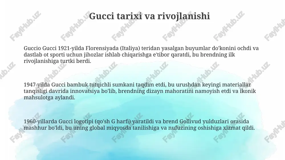 i va aksessuarlariga ishoralar bor edi, bu esa brendning ommaviyligini oshirdi. gucci san'at olami bilan ko'plab hamkorliklarni amalga oshirgan, masalan, 2015-yilda rassom trevor andrew (guccighost) bilan hamkorlik qilib, brendning logotipini grafiti uslubida tasvirlagan. gucci musiqa sohasida ham faol, 2017-yilda florence welch bilan birgalikda gucci bloom atirining reklama kampaniyasida ishtirok etgan va bu brendning san'atga bo'lgan qiziqishini namoyish etgan. kelajak istiqbollari brend 2030-yilgacha karbonat angidrid chiqindilarini 40 foizga kamaytirish va qayta tiklanadigan materiallardan foydalanishni kengaytirish orqali barqarorlikka sarmoya kiritishda davom etadi, bu esa ekologik toza modaga bo'lgan talabning ortib borayotganligiga javob beradi. gucci sun'iy intellekt va metaverse kabi texnologiyalarni integratsiya qilish orqali kelajakdagi iste'molchilarga moslashtirilgan tajribalar yaratishga e'tibor qaratadi, 2025-yilgacha raqamli savdo ulushini 30% ga oshirish maqsadida. gucci o'z auditoriyasi bilan bog'lanishni kuchaytirish uchun rassomlar va boshqa brendlar bilan hamkorlikni davom ettiradi, bu esa eksklyuziv kolleksiyalar va innovatsion marketing kampaniyalarini yaratishga yordam beradi va uning madaniy ta'sirini oshiradi. e'tiboringiz uchun rahmat …