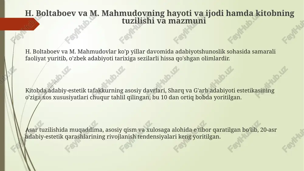 ni saqlashga yordam beradi. asarning ahamiyati, o'zbek adabiyotshunosligiga qo'shgan hissasi bilan belgilanadi; kitob adabiy tahlilning yangi usullarini taklif etadi hamda 30 dan ortiq adabiy-nazariy yo'nalishni qamrab oladi. kelajakdagi tadqiqotlar uchun yo'nalishlar, sharq va g'arb adabiy-estetik merosining integratsiyasi masalalarini chuqur o'rganish, shuningdek, 5 ta yangi adabiy oqimni tadqiq etishni o'z ichiga oladi. e'tiboringiz uchun rahmat