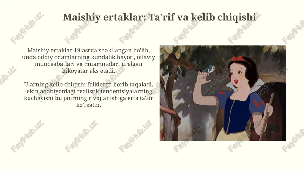 bunda tomoshabinlar hikoyaning bir qismiga aylanadilar. sun'iy intellekt (si) yordamida yaratilgan hikoyalar tobora ommalashib boradi, bunda algoritmlar personajlar o'rtasidagi dialoglar va syujet burilishlarini aniqlaydi, bu esa 10-15% ga yangi kontent qo'shilishiga olib keladi. maishiy ertaklarning o'ziga xosligi maishiy ertaklarda 1-2 ta oddiy qahramonlar real hayotda uchraydigan muammolarni hal qilishadi, bu ularning fantastik unsurlardan farqini ko'rsatadi. maishiy ertaklar syujeti 3 ta asosiy bosqichdan iborat: muammo, yechim izlash va muvaffaqiyatli yakun, bu esa o'quvchini optimistik ruhda tarbiyalaydi. xulosa “everyday life tales” mavzusidagi xulosalar 21-asr jamiyatida qanday muhim rol o‘ynashini va ularni qanday talqin qilish zarurligini ko’rsatadi. ushbu janrning psixologik ta’siri, ayniqsa, bolalarning emotsional rivojlanishiga ta’siri, 10 yoshdan 18 yoshgacha bo’lgan o’smirlar uchun alohida ahamiyatga ega. e'tiboringiz uchun rahmat image2.jpg image3.jpg image4.jpg image5.png image6.jpg image7.jpg image8.jpg image9.jpg image10.jpg image11.jpg image12.jpg