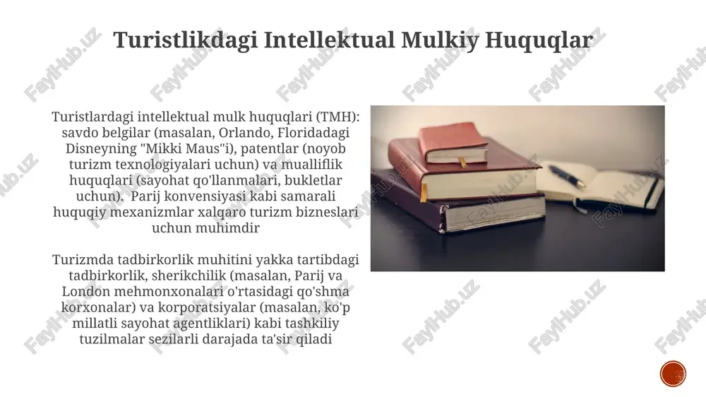 turizm sertifikatlash sxemalari (masalan, global barqaror turizm kengashi gstc) global ekologik qoidalarga rioya qilishni namoyish qilish uchun ramka taklif etadi toza havoga qonuni (aqsh), mintaqaviy o'xshashlari (masalan, kaliforniyaning ab 32) bilan birga, milliy parklarga (yellowstone, yosemite) ta'sir qiluvchi chiqindilarni tartibga soladi, transport, turar joy ta'minotchilari va tur operatorlariga ruxsatnomalar kerak bo'ladi va qoidalarga rioya qilmaganlik uchun jarimaga tortilishi mumkin turistlik biznes uchun sug'urta tadbirkorlik muvaffaqiyati bozor tahlili (masalan, kosta-rikada ekoturizmning 20% o'sishi), moliyaviy prognozlar (5 yillik daromad prognozlari) va raqobatbardosh ustunliklarni (galapagos orollarida noyob snorkeling turlar) o'z ichiga olgan mustahkam biznes-rejalardan bog'liq turizm biznesining huquqiy tuzilmalari turizm tadbirkorlari shartnoma huquqi (xizmat ko'rsatish shartnomalari, yer ijarasi), intellektual mulk (savdo belgilari, turistik brendlar uchun mualliflik huquqlari) va tartibga solishga rioya qilish (litsenziyalar, ispaniya, tailand yoki kosta-rika kabi joylardagi mahalliy va milliy turizm kengashlaridan ruxsatnomalar)ni tushunishlari kerak. e'tiboringiz uchun rahmat @taqdimot_robot image4.jpg image5.jpg image6.jpg image7.jpg image8.jpg image9.jpg image10.jpg image11.jpg image12.jpg image13.jpg image14.jpg image15.jpg …