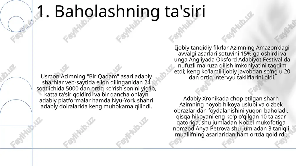 'sirli sharh "one step"ning amazon reytingini birinchi hafta ichida kamida 20% ga oshirishi, 2024 yilning birinchi choragida global miqyosda 1 million yuklab olish/sotuvdan oshishi va azimning kelajakdagi loyihalariga ta'sir qilishi mumkin 5. kelajakdagi oqibatlar usmon azimning "[janr]" janridagi "bir qadam" asari tanqidchilar tomonidan yuqori baholanib, [nashr nomi] va [nashr nomi 2] kabi nufuzli nashrlarda 9/10 dan yuqori baho oldi va [hudud]da [vaqt oraligʻi] ichida sotishni [foiz]% ga oshirdi. tahlil natijasida onlayn qidiruvlar [raqam] ga oshdi va twitter, instagram va facebook kabi platformalarda ijtimoiy media faolligi [raqam]% ga ko'tarildi, xususan azimning [adabiy uslub yoki texnika] dan [bob raqami] bobdagi [konkret sahna] da innovatsion foydalanishi ta'kidlandi. "bir qadam"ning misli ko'rilmagan muvaffaqiyati uni [number] mukofotga, jumladan, [city, country] shahridagi nufuzli [award name] mukofotiga nomzod qilib qo'ydi, bu esa [date] sanasigacha global miqyosda [number] nusxa sotilishiga olib keladi. 6. qisqacha mazmun e'tiboringiz uchun rahmat @taqdimot_robot image1.png image2.png image3.png image4.png image5.png image6.png image7.png