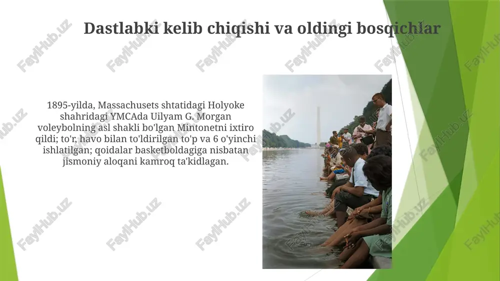 rgi kungacha): videotakrorlash texnologiyalari, tezkor takrorlash boʻyicha shikoyatlar joriy etildi, hakamlik aniqligi oshdi; xalqaro federatsiyaning qoida oʻzgarishlari, 25 ochkolik set hisobi keng tarqaldi; braziliya, aqsh, italiya kuchli davlatlar hisoblanadi. 1990-2000-yillar: rally scoring global miqyosda qabul qilindi; orqa chiziq hujumlari liberalizatsiyasi, tezlik va taktik yangiliklar oshdi; yevropa ligasi, osiyo chempionatlari, shimoliy amerika kollej tizimlari qoida o'zgarishlariga ta'sir ko'rsatdi. olimpiya inklyuziyasi 1895: aqsh, massachusets shtati, springfild – uilyam g. morgan mintonet (voleynbolning boshlangʻich turi)ni ixtiro qildi. dastlabki qoidalar jamoaviy ishga, basketboldan kamroq jismoniy aloqaga urgʻu bergan. dastlab yopiq xonada, har tomondan 6 oʻyinchi bilan oʻynalgan. 20-asr boshlari: mintonet voleybolga aylanadi. tez global tarqalish, ayniqsa osiyoda (filippin, yaponiya) va yevropada (fransiya, italiya). mamlakatlar o'rtasida qoidalar farqlari paydo bo'ladi. 1947-yilda xalqaro voleybol federatsiyasi (fivb) tomonidan birinchi rasmiy qoidalar tasdiqlanadi. odatda 2-3 set o'ynalgan. dastlabki qoidalar va o'yin jarayoni 1900-1920-yillardagi rivojlanish: qoidalar rasmiylashtirildi, har tomonda 6 o'yinchi, har tomonda 3 zarba, "to'r ustidan" qoidasi joriy …