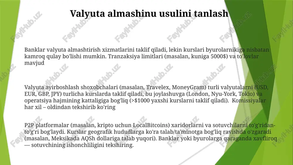 htirishdan oldin bir nechta provayderlarni tekshiring valyuta almashinu tartibi odatda valyutalarni (masalan, 1000 gbp ni torontoda cad ga almashtirish) va miqdorini aniqlashdan boshlanadi. siz o'z shaxsingizni tasdiqlovchi hujjatni (pasport yoki haydovchilik guvohnomasini) taqdim etasiz tranzaksiyalarni kuzatish valyuta almashinu tartiblari xe.com yoki banklaringizdan kurslarni (masalan, usd/eur, gbp/jpy) aniqlashni talab qiladi. to'lovlar almashinuv usuliga (masalan, kredit kartalar orqali 3%, pul o'tkazmalari uchun 1%) bog'liq hisob-kitoblarni kuzatish onlayn bank platformalari, mobil ilovalar (masalan, chase, wells fargo) yoki bank hisobotlari orqali hisoblar (masalan, chek, jamg'arma, kredit karta) bo'ylab mablag' harakatlarini kuzatishni o'z ichiga oladi valyuta almashinu kuzatish har bir tranzaksiyani batafsil qayd etishni o'z ichiga oladi: sana (masalan, 2024-10-27), valyuta kursi (1 aqsh dollari = 0 valyuta kursi shakllanishi valyuta kurslari, forex bozorlaridagi (masalan, nyse, london) talab va taklifga bog'liq ravishda doimiy o'zgarib turadi va xalqaro bitimlarga ta'sir qiladi valyuta kurslariga nisbiy iqtisodiy kuch (yaim o'sishi, xitoyning 2024 yildagi prognozlari), siyosiy barqarorlik (masalan, ukraina …