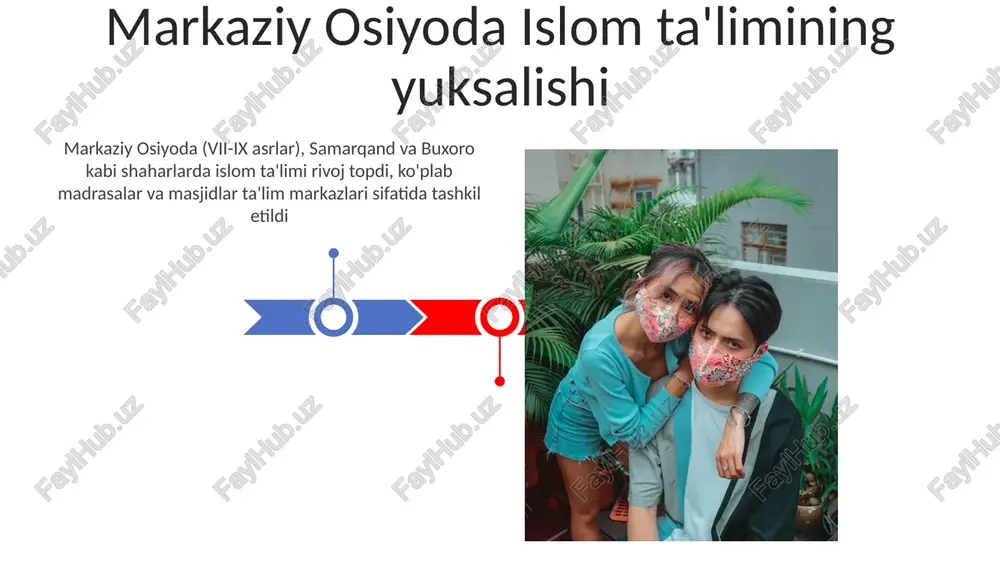 h muhiti 7-9-asrlar markaziy osiyo madrasalari (buxoro, samarqand, merv)da og'zaki uzatish, yodlash, qur'on tilovatiga, hadis o'rganishiga, islom huquqiga (fiqh) va kalam (teologiyaga) urg'u berilgan. ijtimoiy-iqtisodiy mavqega qarab cheklangan kirish imkoniyati bo'lgan. individual o‘qitish, yodlash texnikalari (masalan, takrorlash, tilovat qilish) va ulamolar tomonidan masjidlarda, xususiy uylarda va maxsus maktablarda avloddan-avlodga bilim o‘tkazish. dars rejasi diniy matnlar va arab tilini mukammal o‘zlashtirishga qaratilgan. 7-9-asrlar o'rta osiyosi pedagojik an'analari (islomdan avvalgi) buxoro va merv kabi hududlardagi maktablarga ta'sir ko'rsatib, og'zaki ta'lim va yodlash usullaridan foydalanib, diniy va amaliy ko'nikmalar bilan bir qatorda arifmetikaga urg'u berib va mahalliy bilim tizimlarini qo'llagan. islomgacha bo'lgan va yunon elementlarining sintezidan noyob pedagogik yondashuvlar yaratildi. maktablar diniy ta'lim (qur'on, hadis), klassik bilim (grammatika, matematika, astronomiya) va amaliy fanlarni (tibbiyot, huquq) birlashtirdi asosiy pedagogik ta'sirlar: islomgacha bo'lgan an'analar va yunon bilimlari e'tiboringiz uchun rahmat @taqdimot_robot image4.jpg image5.jpg image6.jpg image7.jpg image8.jpg image9.jpg image10.jpg image11.jpg image12.jpg image1.jpeg image2.jpeg