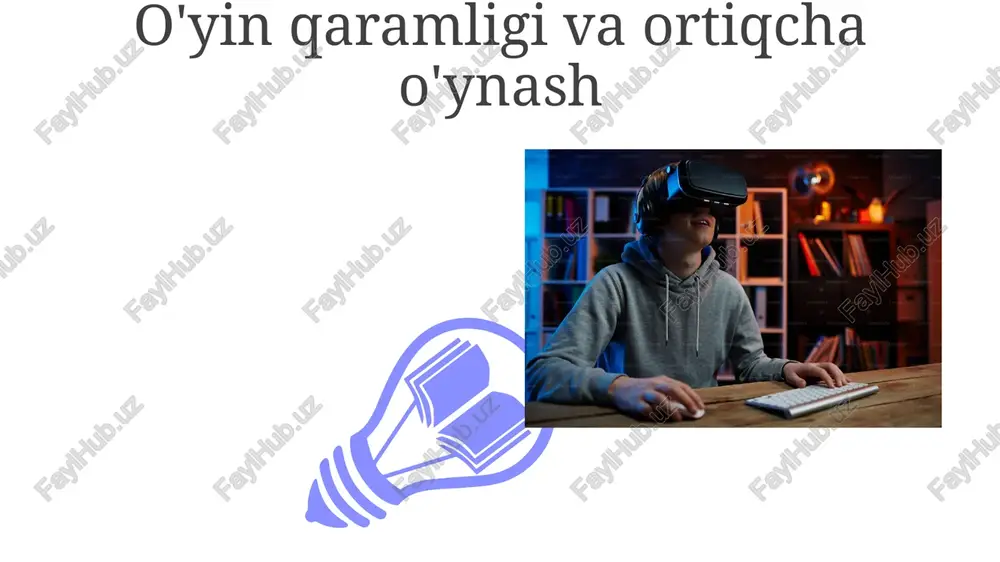 tlari (masalan, mmorpglardagi onlayn gildiyalar) kiradi, ammo kiber bezorilik (onlayn tahqirlash tadqiqotlari) xavfi ham mavjud ijtimoiy foydali xulq-atvor va hamkorlik world of warcraft va eve online kabi mmorpglar 13-25 yoshdagi o'yinchilar orasida (guild va ittifoqlar ichida, global serverlarda) prososial xulq-atvorni (masalan, xayrixohlik, yordam berish, resurslarni baham ko'rish) rivojlantiradi, empatiya va hamkorlik ko'nikmalariga ta'sir qiladi shimoliy amerikada 18-24 yoshdagi o'yinchilar orasida jamoaviy ishlash va muloqotni talab qiluvchi (masalan, call of duty, battlefield) harakat o'yinlari o'yinda muvaffaqiyatli hamkorlik va haqiqiy hayotdagi hamkorlik, ayniqsa muvofiqlashtirish va tezkor qaror qabul qilishni talab qiluvchi vazifalarda o'rtasidagi bog'liqlikni ko'rsatadi ijodkorlik va muammo yechish ko'nikmalari e'tiboringiz uchun rahmat @taqdimot_robot image4.jpg image5.jpg image6.jpg image7.jpg image8.jpg image9.jpg image10.jpg image11.jpg image12.jpg image13.jpg image14.jpg image1.jpeg image2.jpeg image3.jpeg
