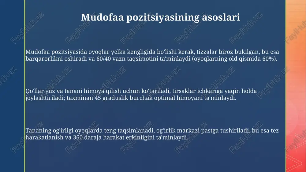turganda harakatlanuvchi holatdan 5 ta zarba bering, shu bilan oyoq harakatingiz va zarbalaringiz o'rtasidagi muvofiqlikni yaxshilang. “qochish va qarshi hujum” mashqlarida sherigingiz hujum qilganda, chapga yoki o'ngga siljish orqali 3 ta qochish harakatini bajaring va keyin darhol 2 ta tez qarshi hujumni amalga oshiring. xavfsizlik choralari partnerlar bilan mashq qilganda, maqsadli hududni aniqlang va to'g'ri masofani saqlang; xavfsizlikni ta'minlash uchun minimal kontaktni saqlang, kuchni asta-sekin oshiring va jarohatlardan saqlaning. har bir mashqdan oldin 5-10 daqiqa davomida isinish mashqlarini bajaring, mushaklar va bo'g'imlarning moslashuvchanligini oshiring, jarohatlar xavfini kamaytiring va harakatlanish diapazonini yaxshilang. mudofaa pozitsiyasida qattiq yuzalarda mashq qilishdan saqlaning, bu qo'shimcha yuklanish va shikastlanishga olib kelishi mumkin. buning o'rniga, jarohatlardan himoya qilish uchun yumshoq, yostiqli sirtlardan foydalaning. umumiy xatolar va ularni tuzatish og'irlikni orqaga o'tkazish - bu xato, chunki 70/30 taqsimot muvozanatni buzadi. vaznni tekis taqsimlashga e'tibor bering, aks holda tezda javob bera olmaysiz. oyoqlarni juda yaqin qo'yish muvozanatni yo'qotish xavfini …
